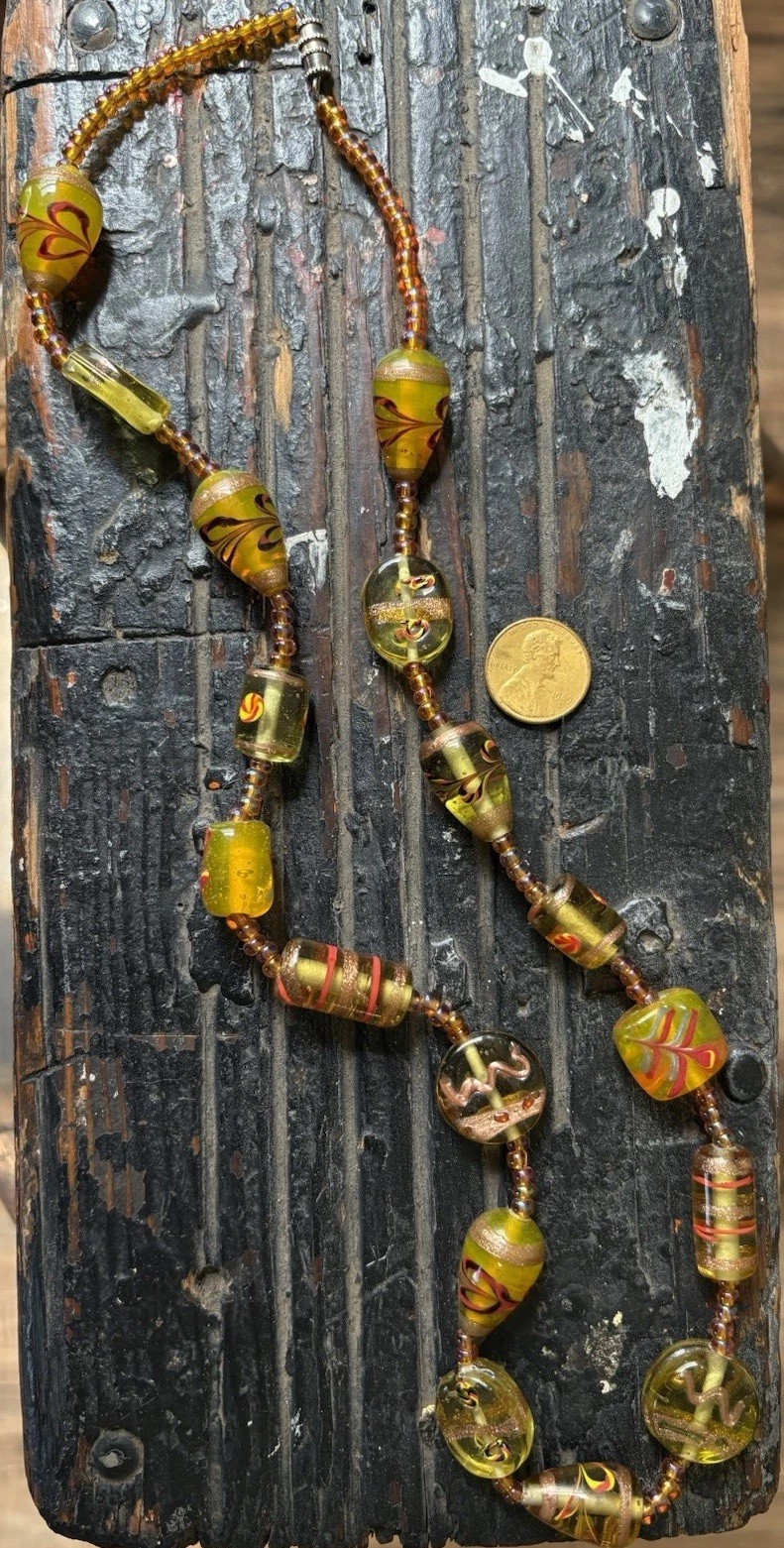 Vintage Hand Blown Glass Beaded Necklace 24”Iridescent Yellow Gold Black Red MCM