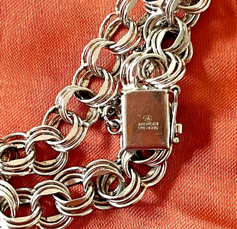 Sterling Silver Triple Link Starter Charm Bracelet 1970s-80s