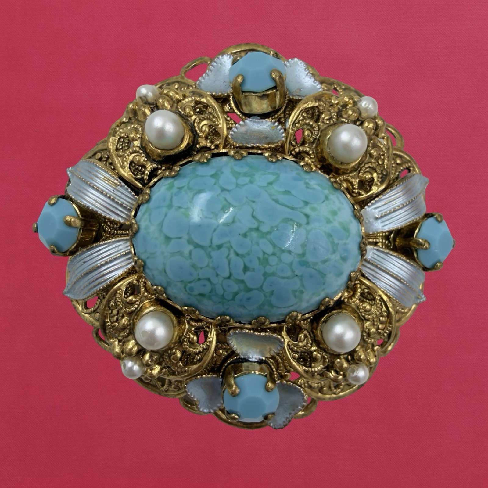 Vintage SIGNED 🖤 Western W Germany 🖤 Gold FILIGREE Turquoise Enamel BROOCH PIN