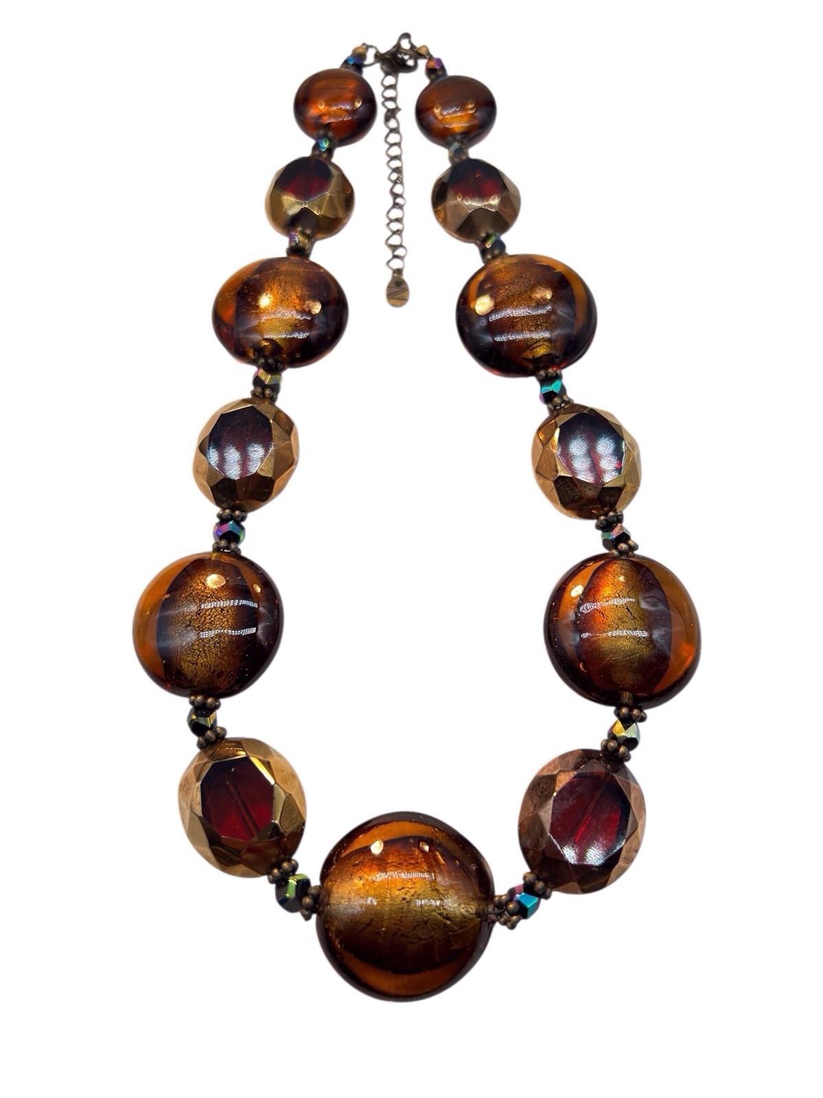Signed Art Glass Bead Neckllace Nena N Black Gold Foil Faceted Red AB Accent WB
