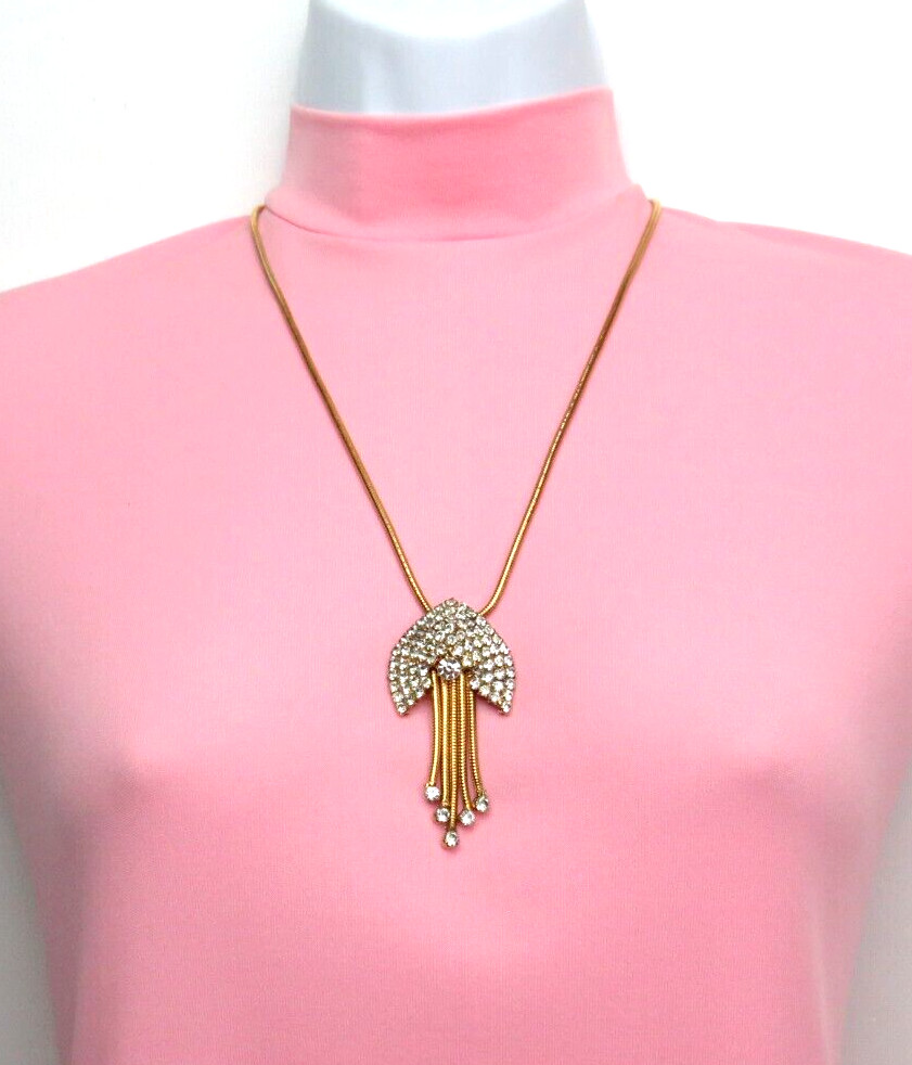 VTG 1930s – 1950s ART DECO GOLDEN CRYSTAL 5 DANGLER PENDANT NECKLACE 22 3/8″