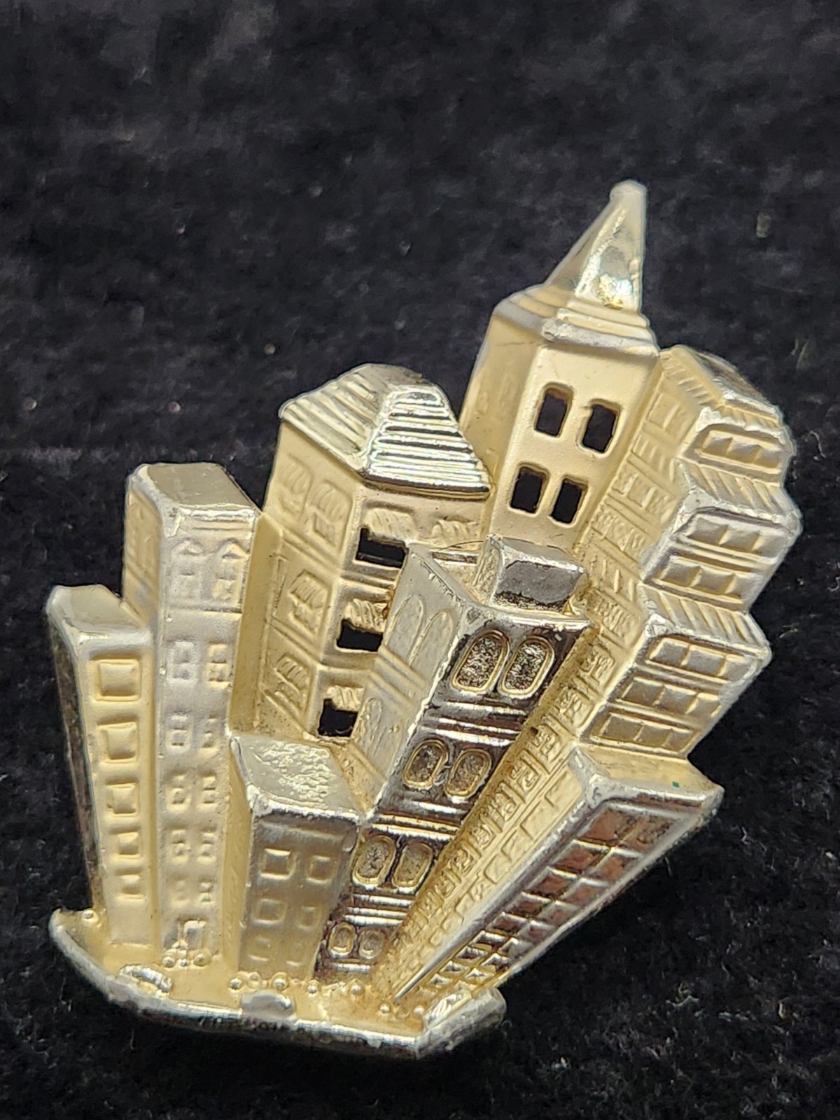 Vintage AJC City Skyline Brooch Gold Tone Urban Buildings Art Deco Style Pin