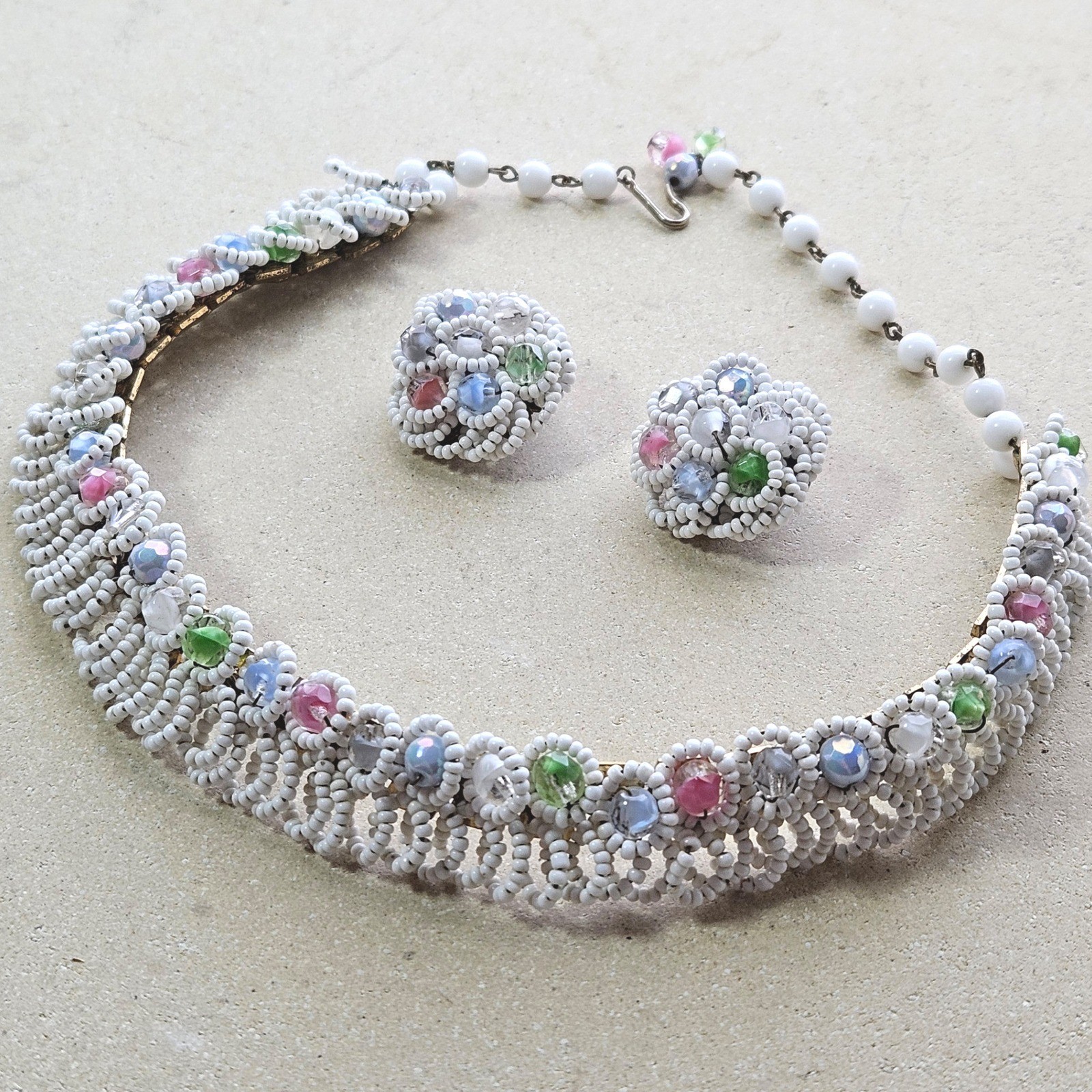 Vtg 50s White Seed Bead Pastel Glass Choker Necklace and Clip On Earrings Set