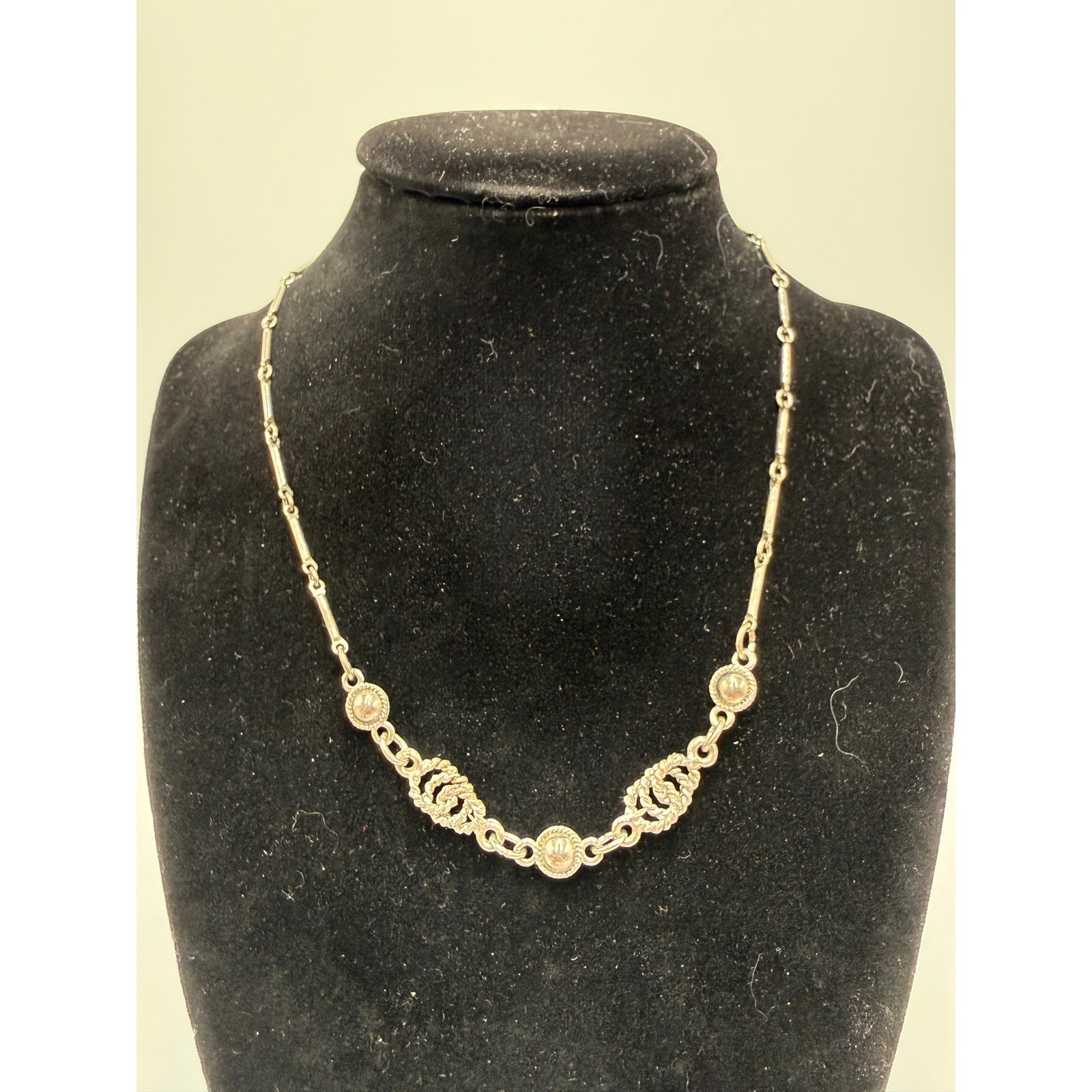 Vintage Silver Tone Bar Link Station Necklace Ornate Rope Openwork 15 Inch