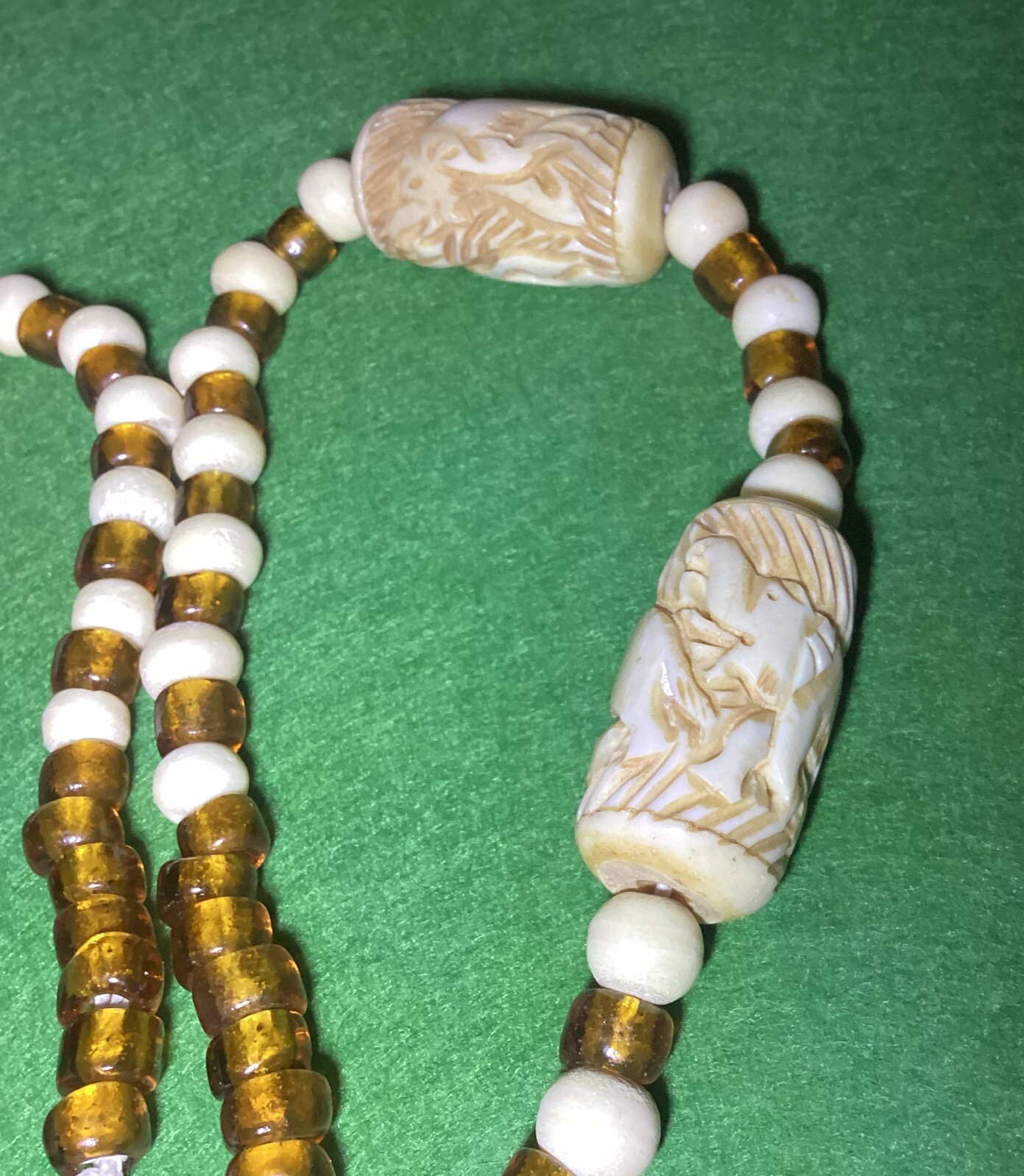 Vintage Elephant Theme Carved Bovine Bone & Amber Glass Beads 27” Necklace