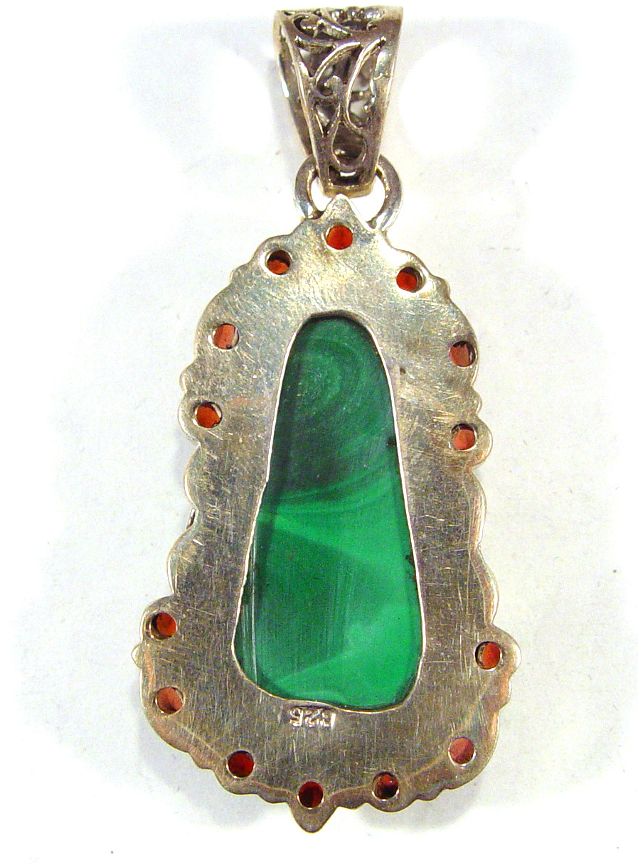 Sterling silver pendant, malachite with garnets, 2 3/8 inches long, 22.75 grams