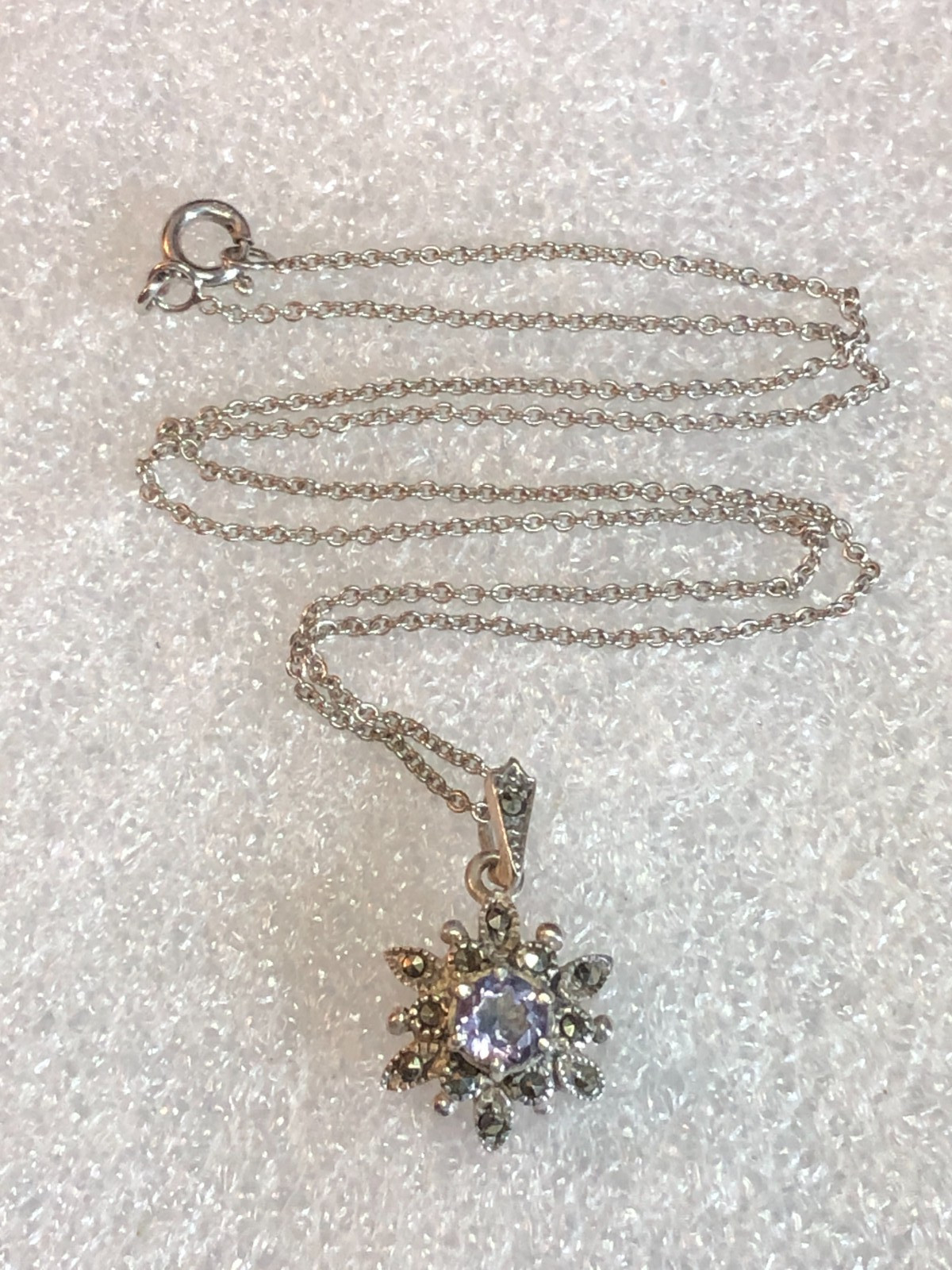 Vintage Sterling Silver Amethyst Marcasite Flower Necklace 925 Natural 16″ 6086
