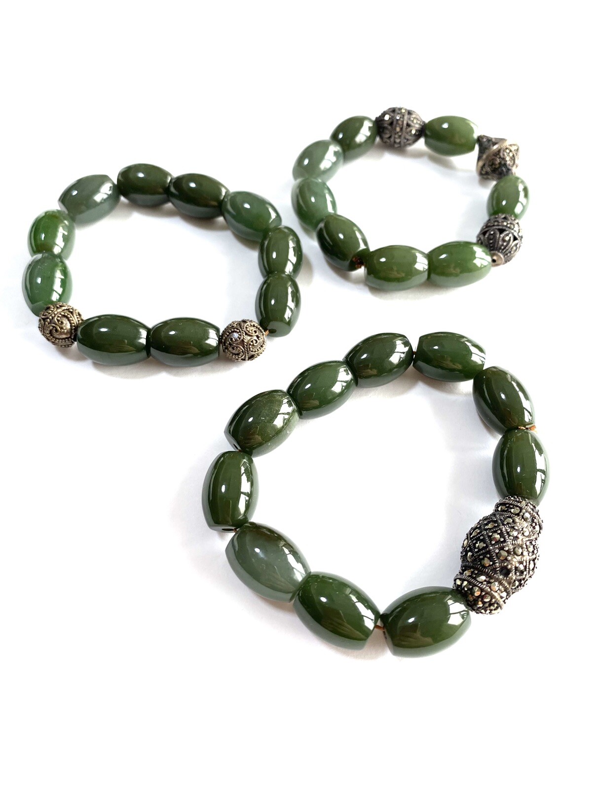 VTG Artisan Handmade Stretch Set Of 3 Natural Green Stone Silver Bracelet Sz S