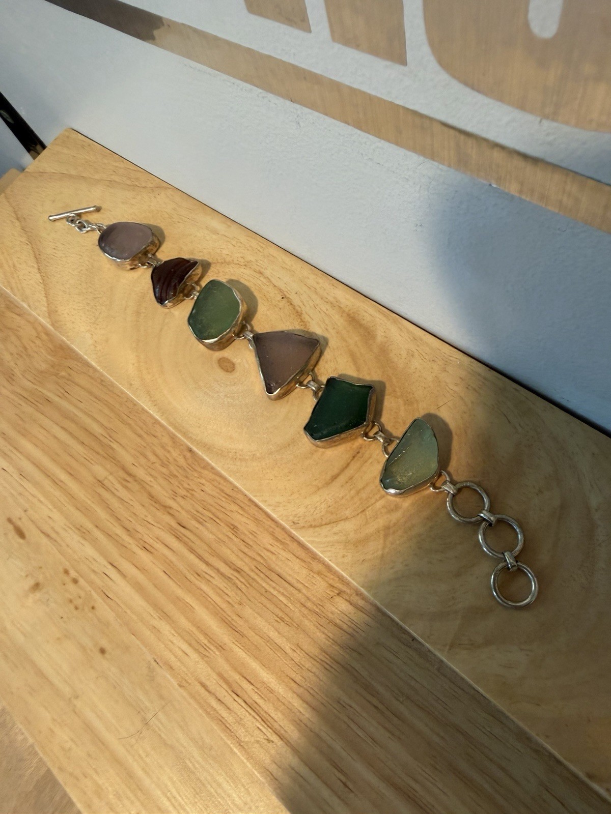 Vintage Sterling Silver Multicolor Sea Glass Toggle Bracelet