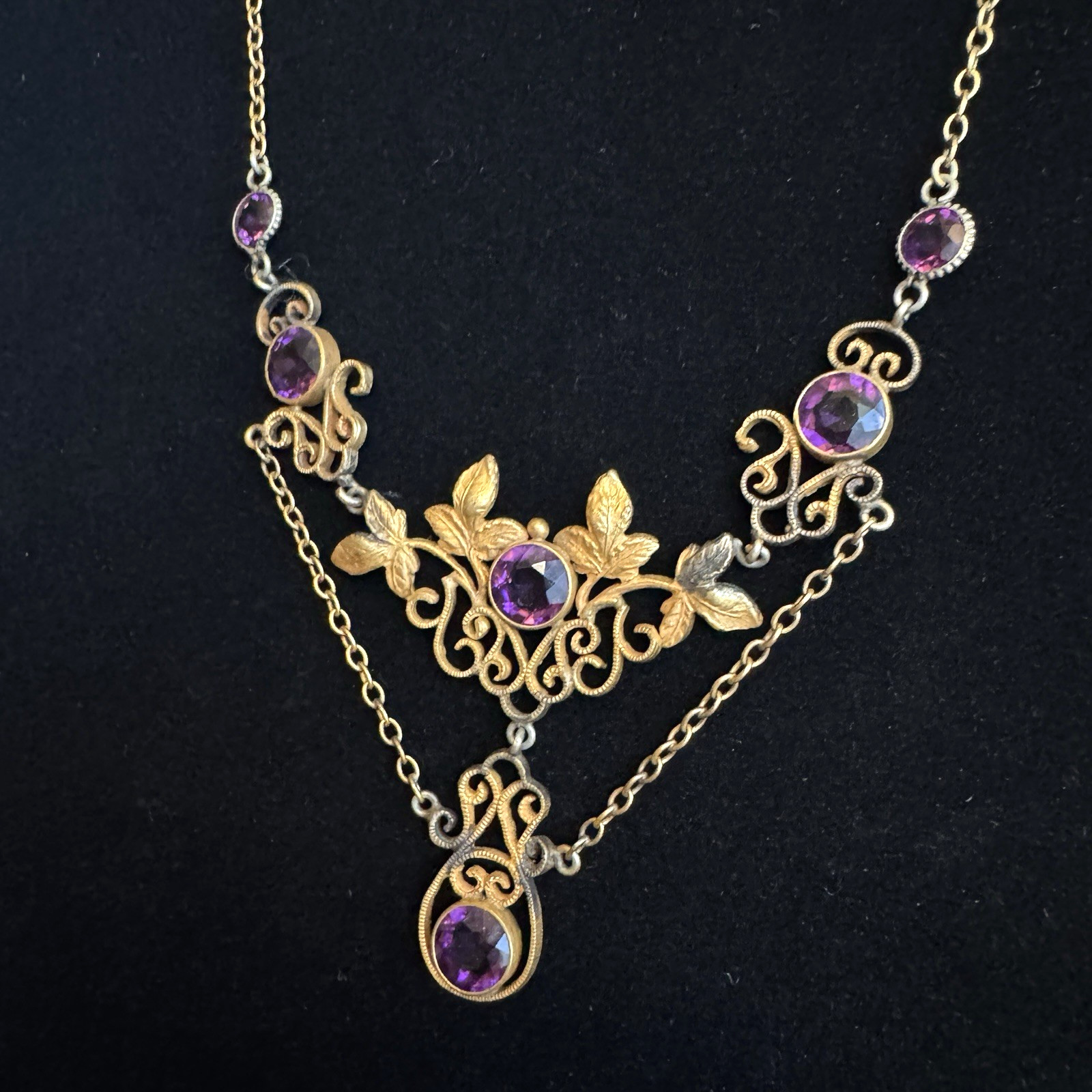 Vintage 12K GF Art Nouveau Revival Festoon Necklace Purple Glass Ivy Leaves