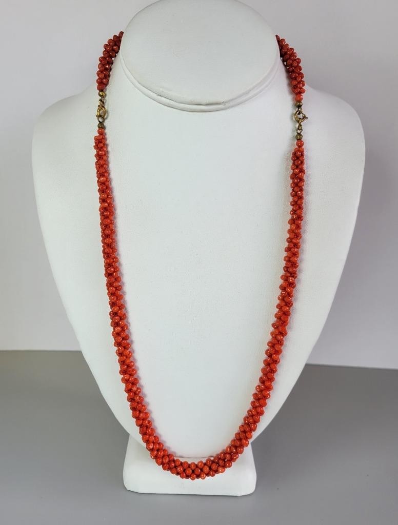 Vintage Necklace + Bracelet Set Braided Red Mediterranean Coral Beads