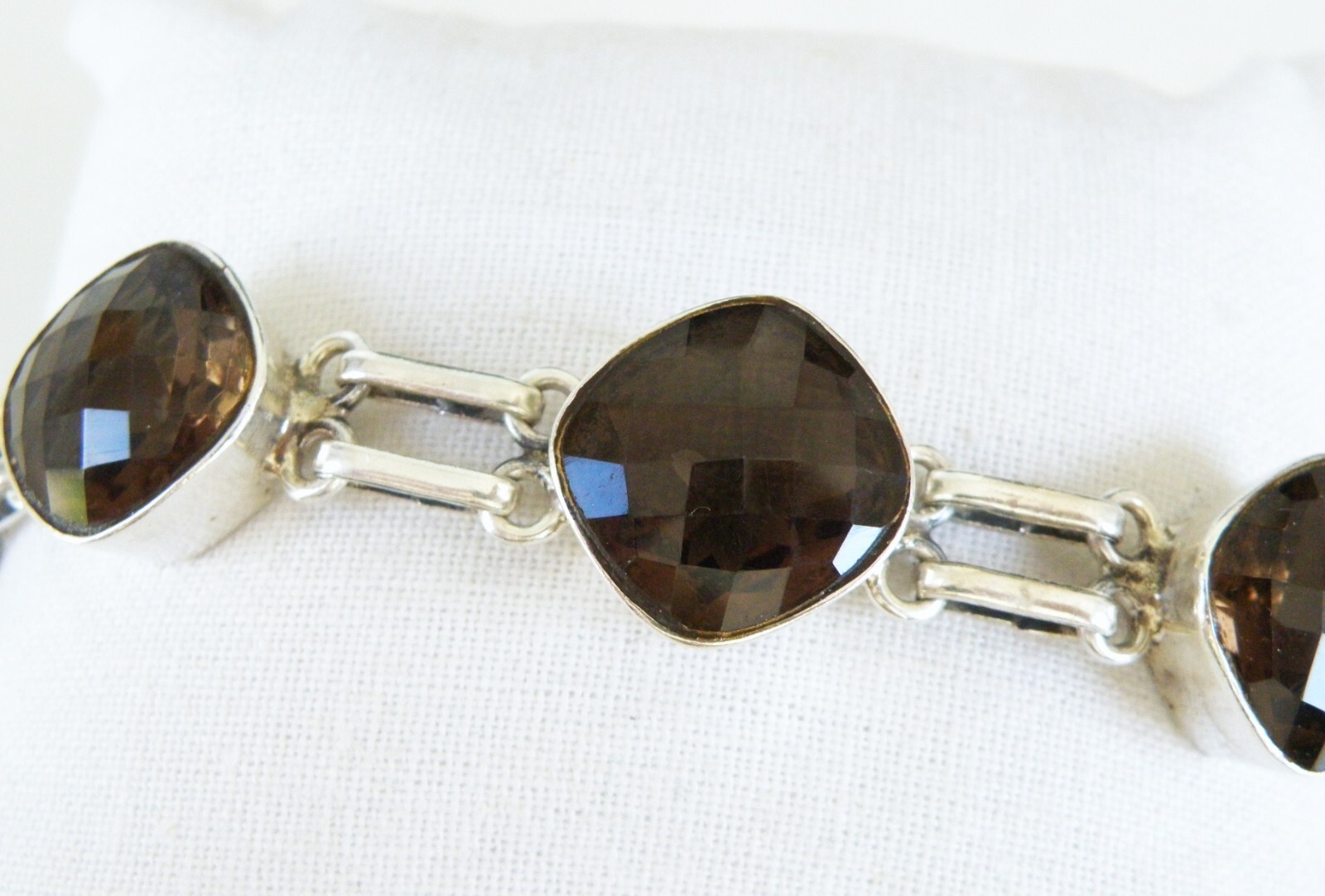 Vintage Sterling Silver 925 Artisan Signed Smoky Topaz Station Link Bracelet 8″