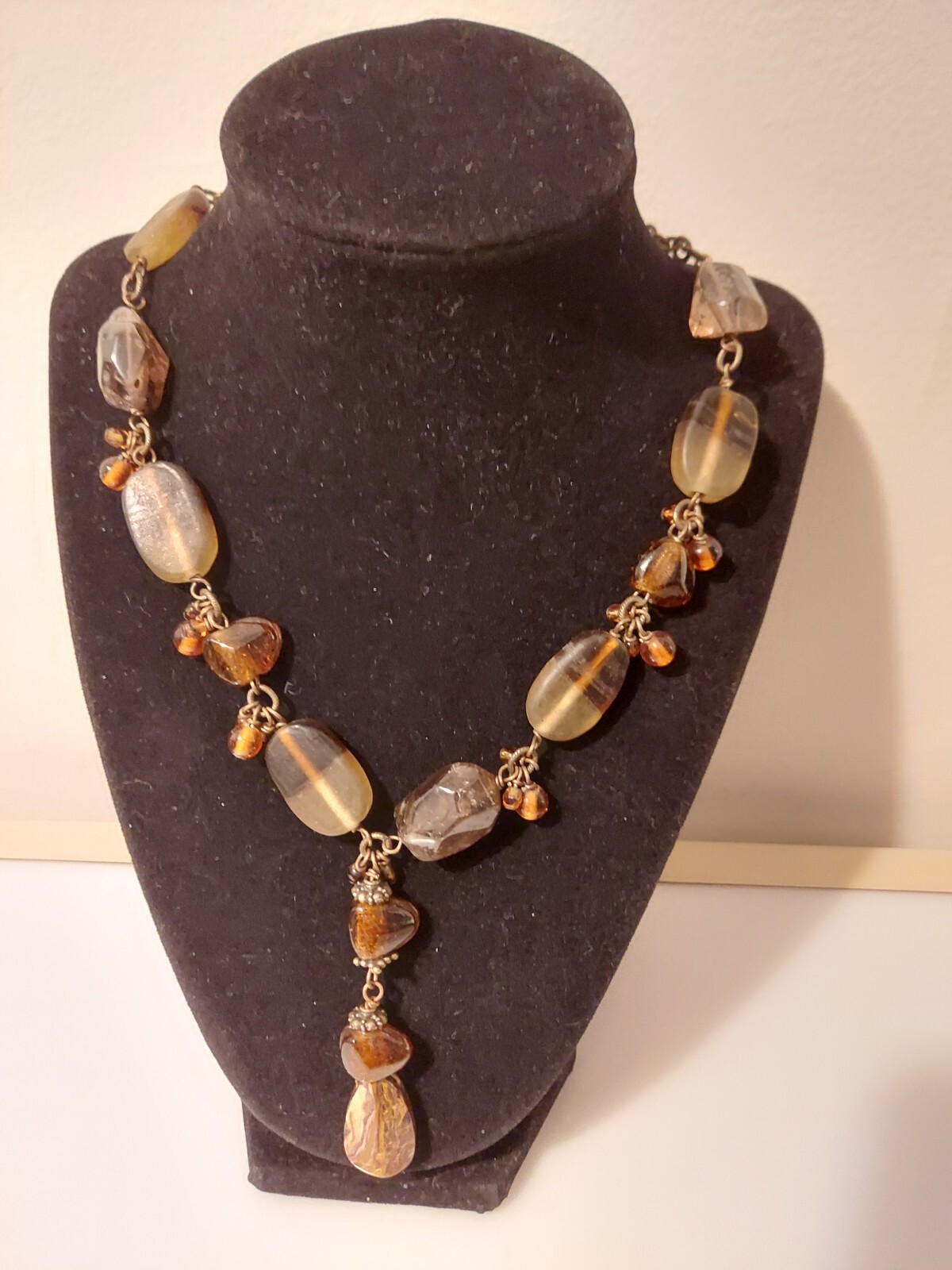 lozenge bead & natural polished stone necklace strand adj. 15″-18″ brown colors