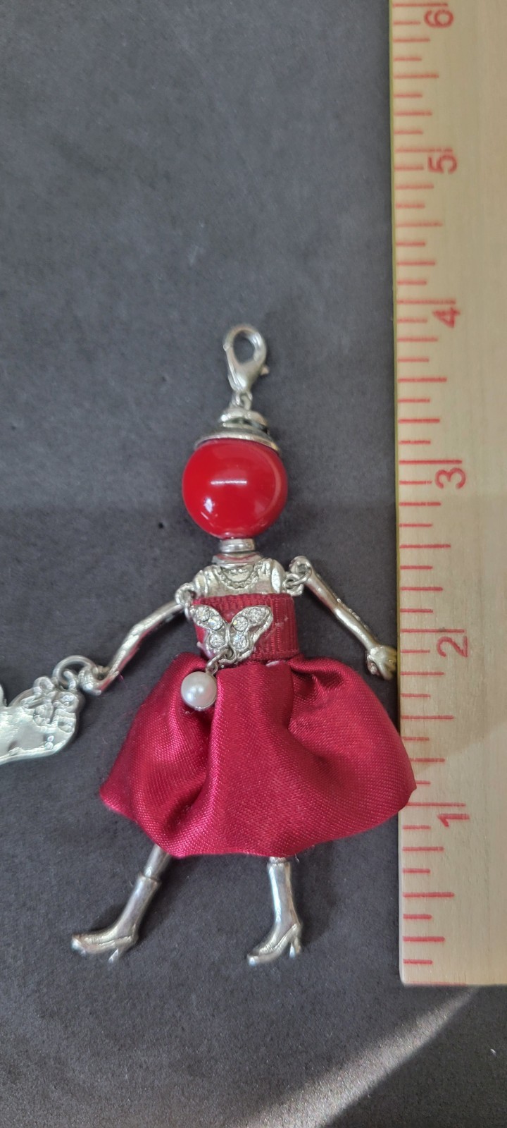 Vintage Articulated Doll Pendant Silver Tone Red Dress Rhinestone Purse Pendant