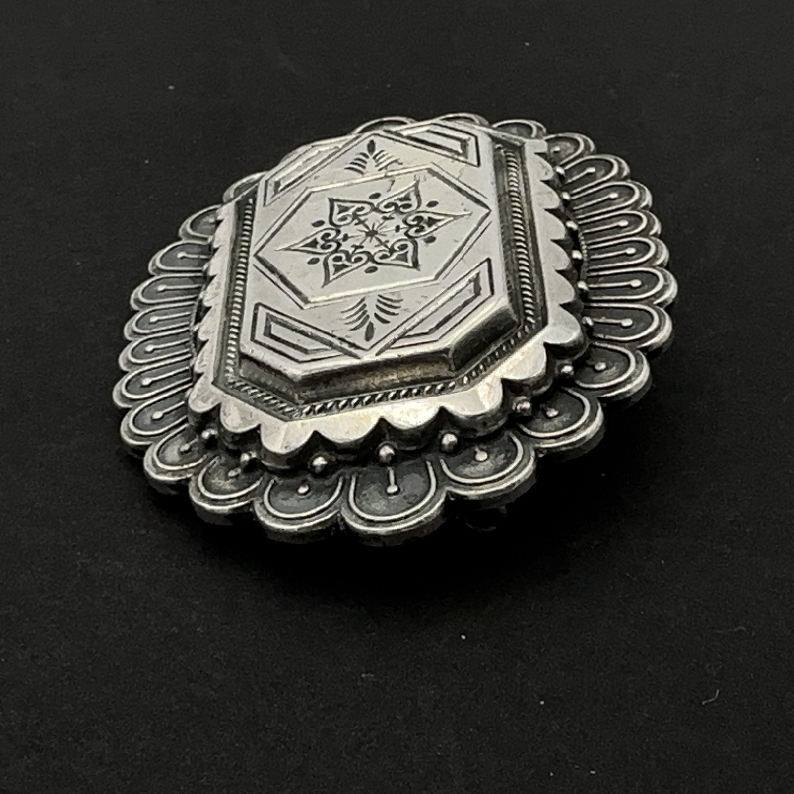 VICTORIAN REVIVAL vintage brooch – layered silver-tone pin – big 2″ x 1.5″ heavy