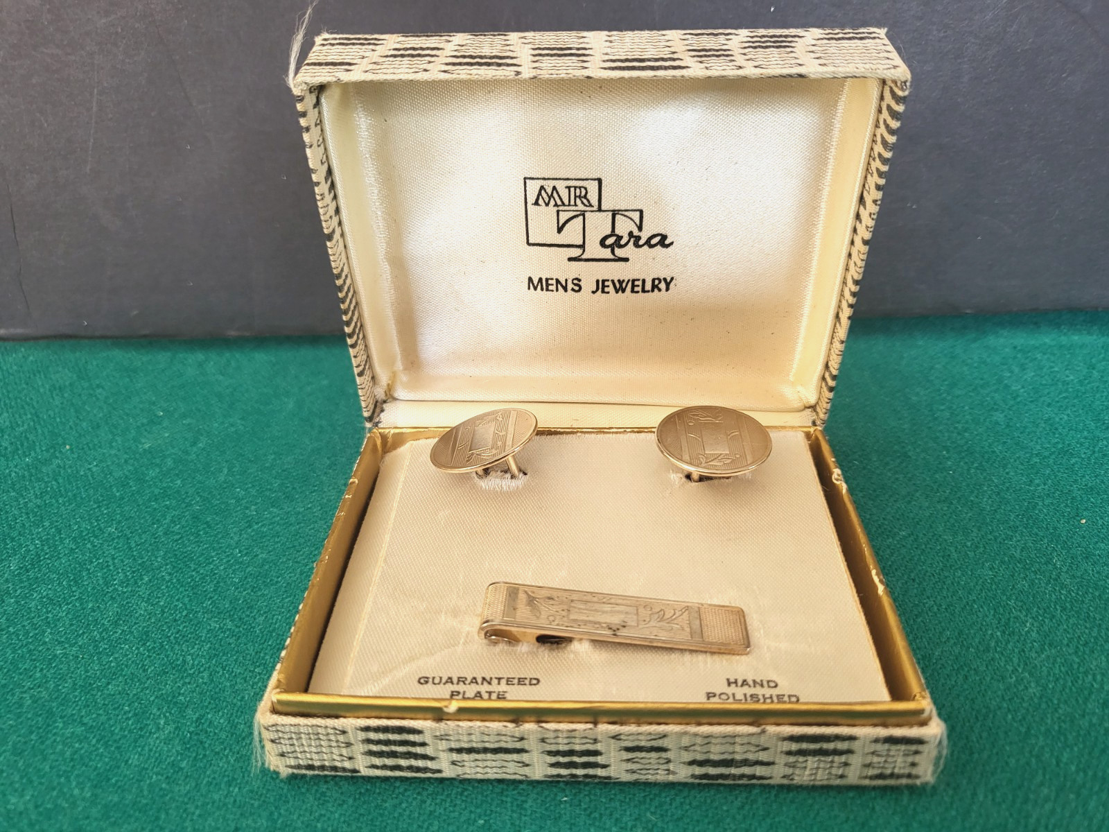 Vintage 1970s Mr Tara Silver Plate Hand Polished Cuff Links & Tie Clip Set w/Box