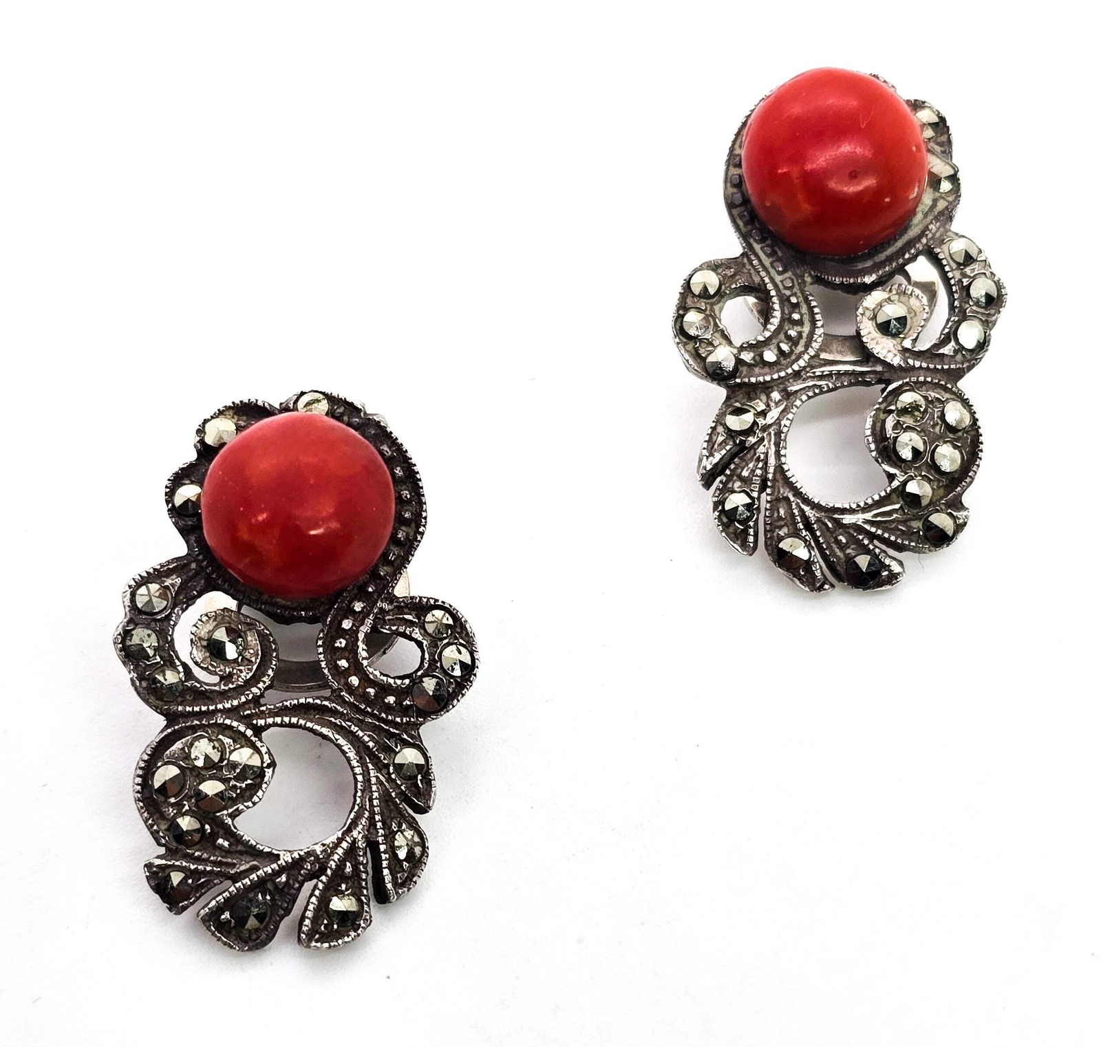 Art Deco Coral and Marcasite vintage clip on sterling silver 800 earrings