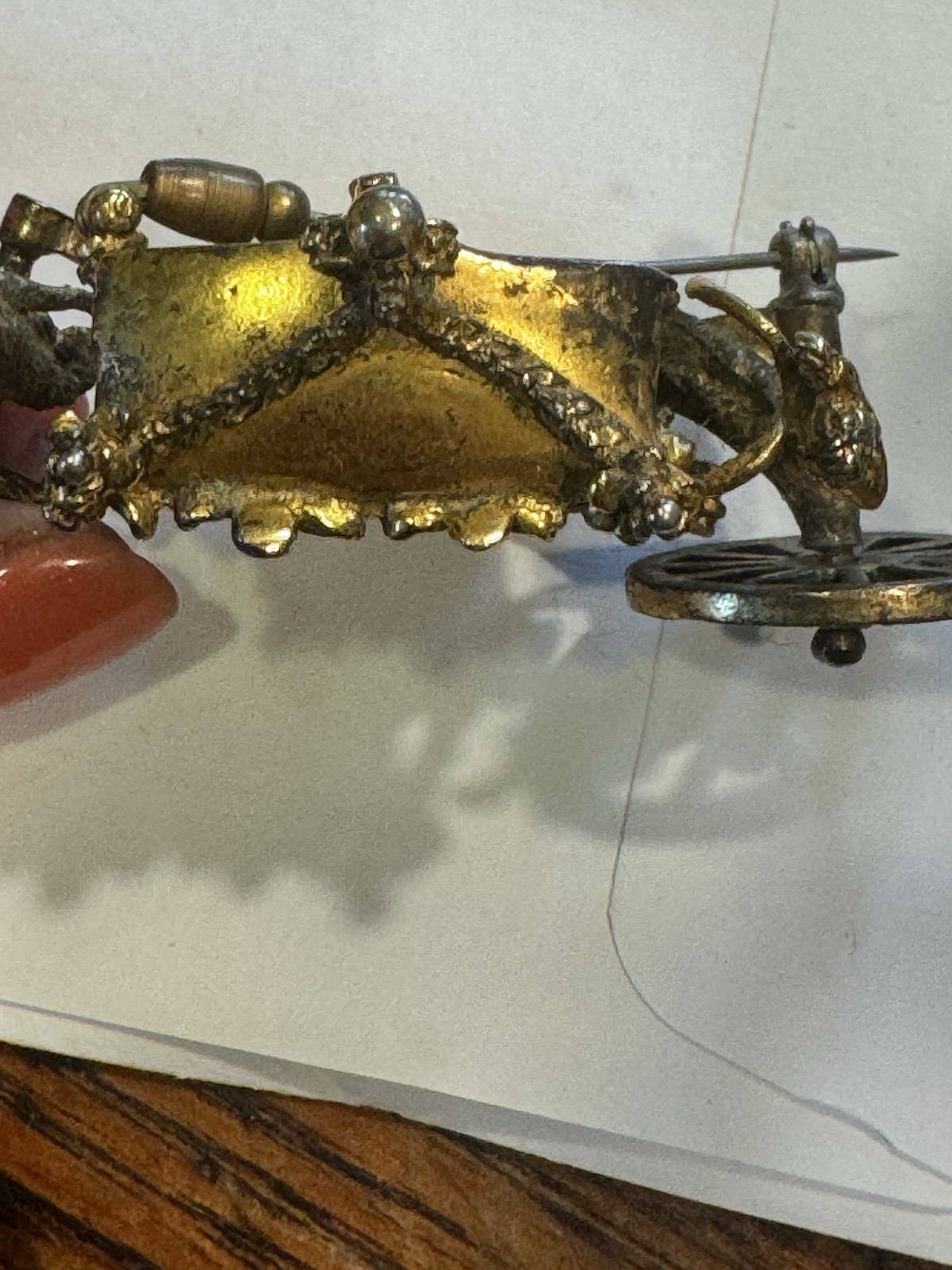 RARE Sterling Gold Wash TAYLOR Dimensional Carriage & Watch Brooch NEEDS REPAIR