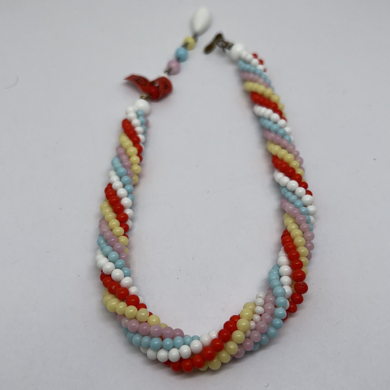 Vintage Japan Beaded 15” Necklace Red Blue Pink White Glass Beads 5908