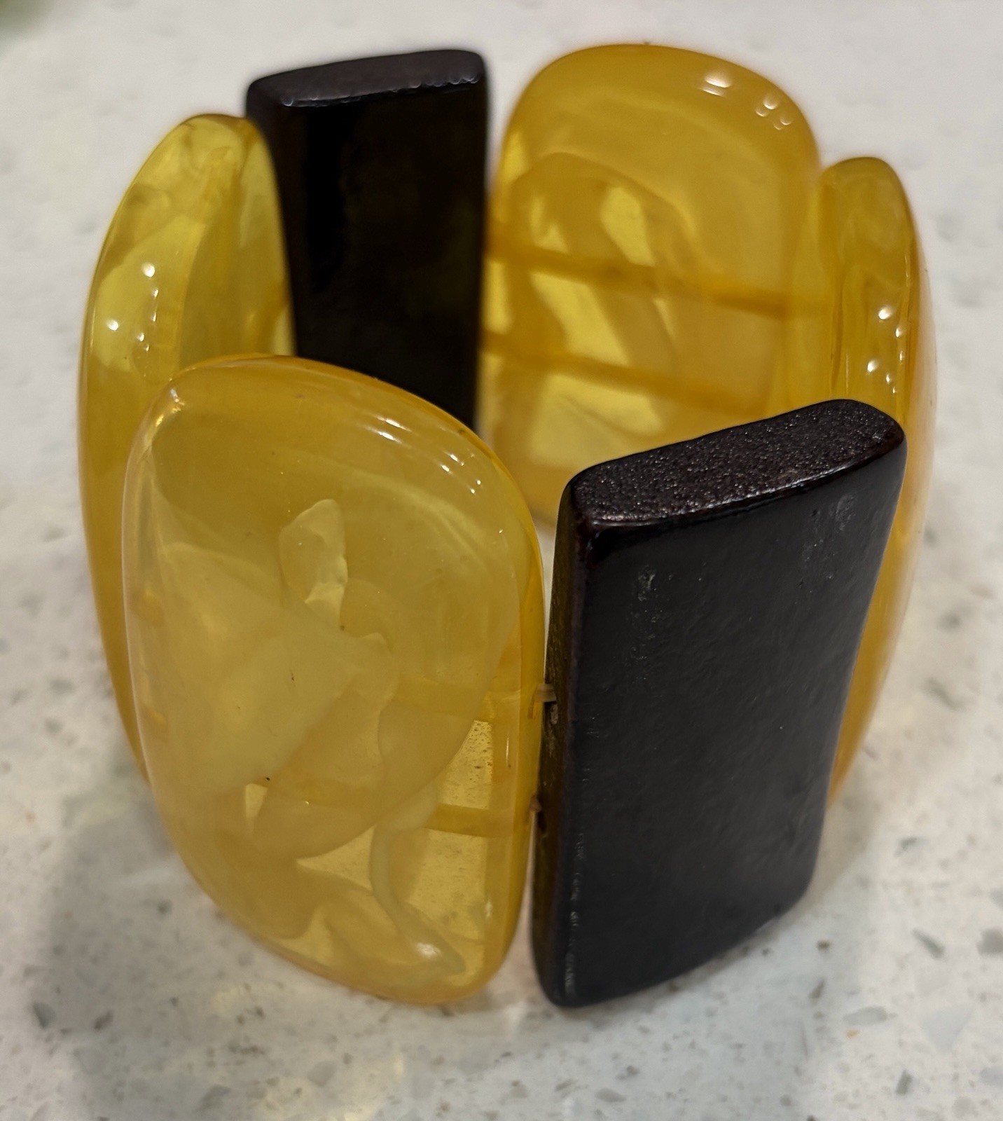 Vintage Amber Resin Swirl and Wood Stretch Bracelet Mid Century