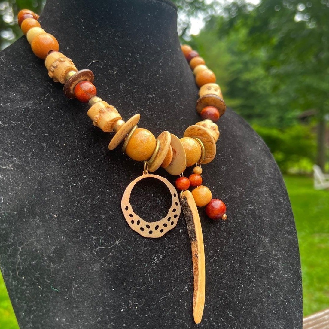 Vtg Boho Wood Beaded Statement Necklace Spike Crescent Charm Earthy Tribal 90s