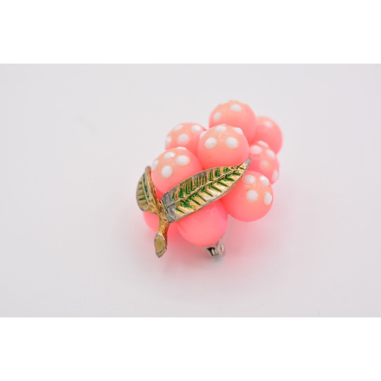 Vintage Glass Grapes Pin Brooch Pink White Polka Dot Crystal Antique 1960s BinAJ