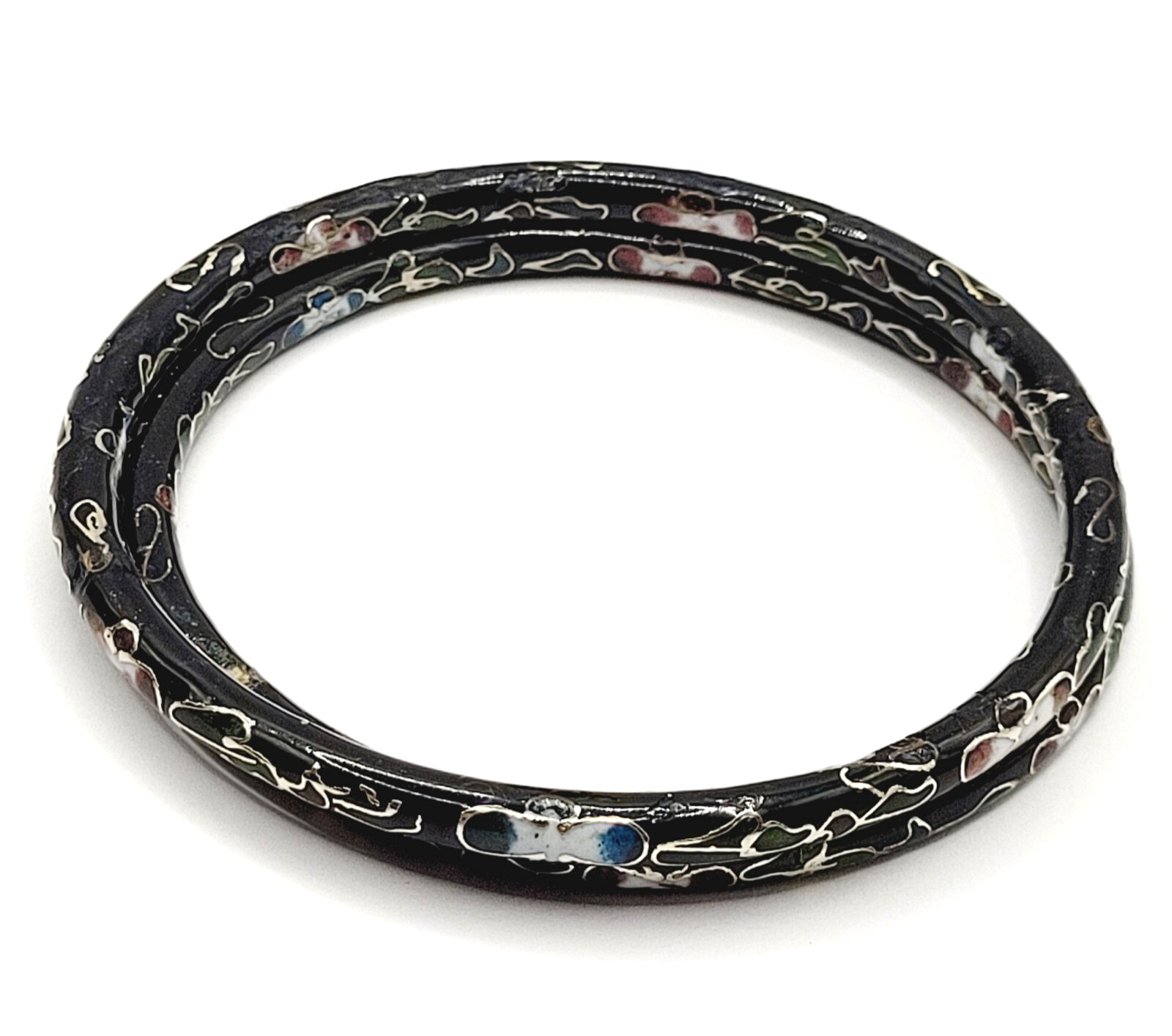 2 Cloisonné Asian Inspired Black Dark Shiny Floral Hand Painted Bangle Bracelet