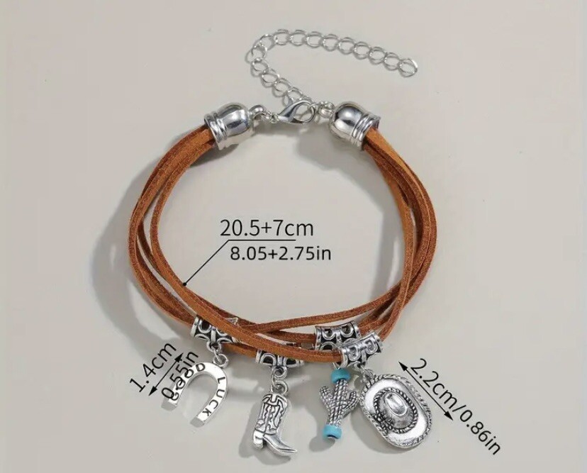 Western Cowboy Pendant Bracelet With Brown Suede Tassels