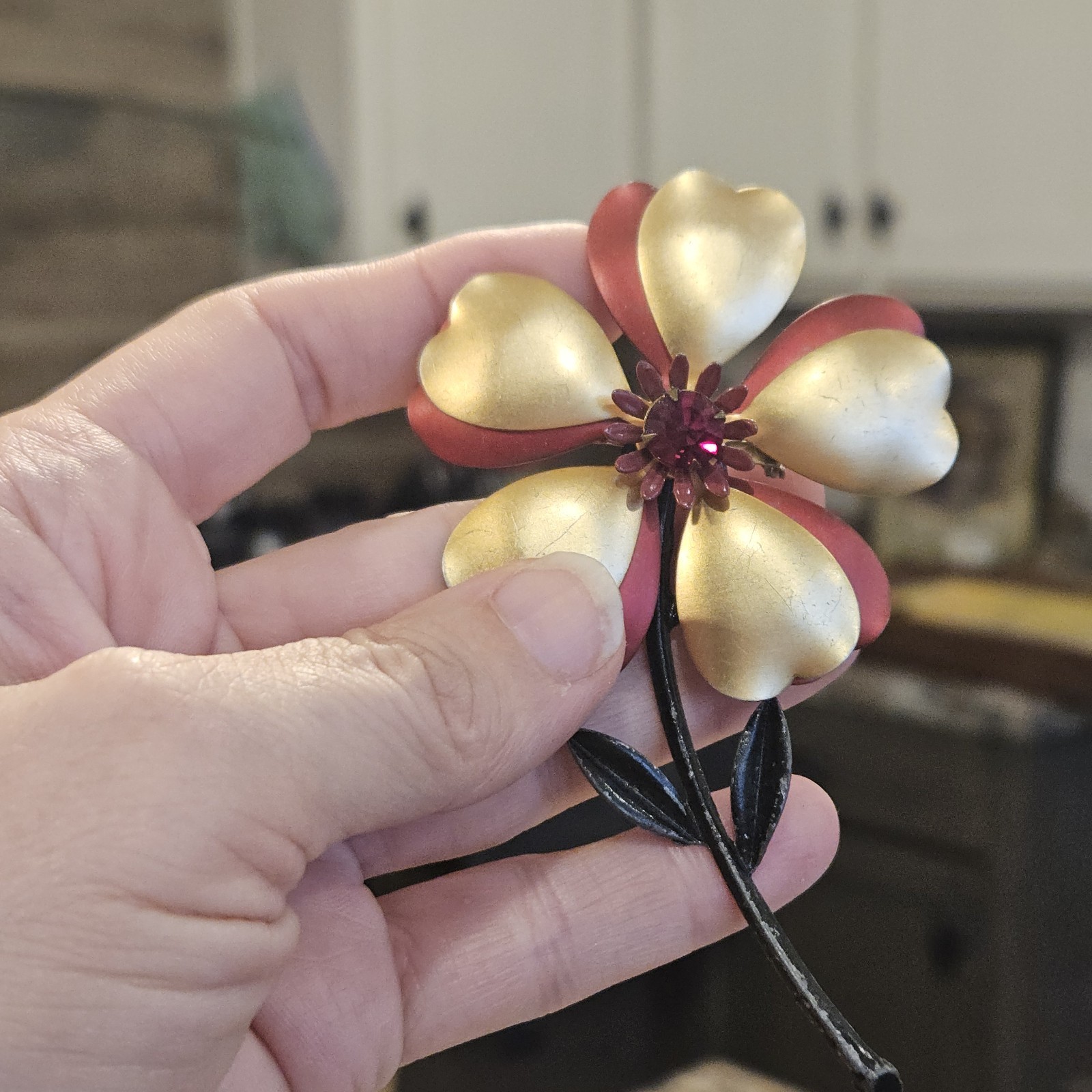 Vintage Enamel Copper Flower Power Brooch Pin Red Heart Rhinestone