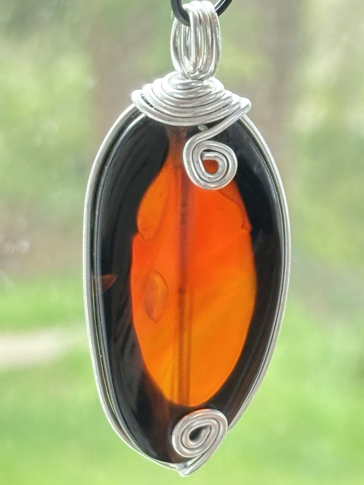 Handmade Wire Wrapped Pendant Dk Amber Orange Translucent Stone or Glass Artisan