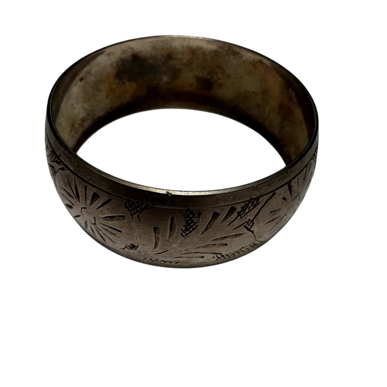 Vintage Etched Wide Bangle Bracelet Silver or Pewter1″ Tarnished
