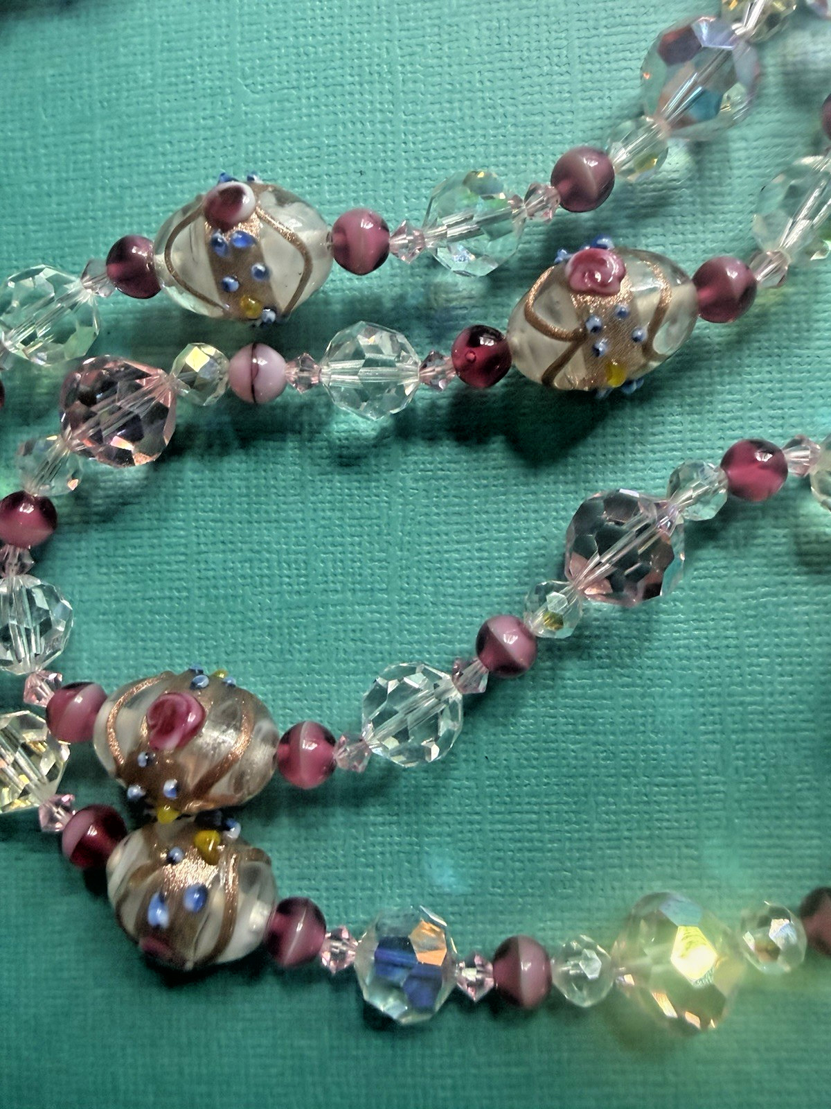 Vintage Venetian Wedding Cake Pink Glass Faceted Crystal Beads Long 31″ Necklace