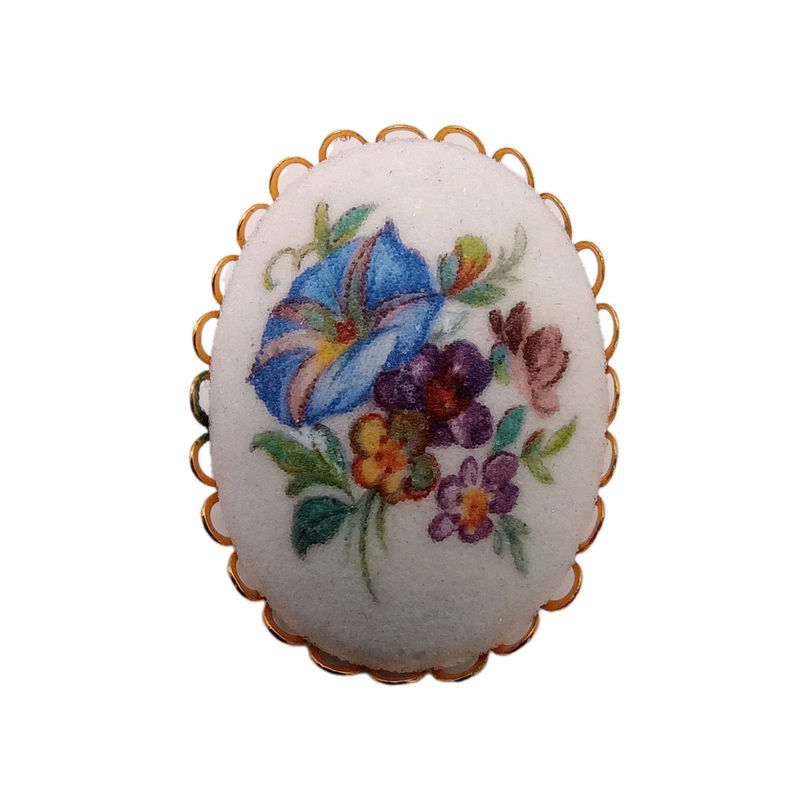 Vintage Floral Sugared Blue Morning Glory Brooch Gold Tone Scallop Pin 1 3/4 in