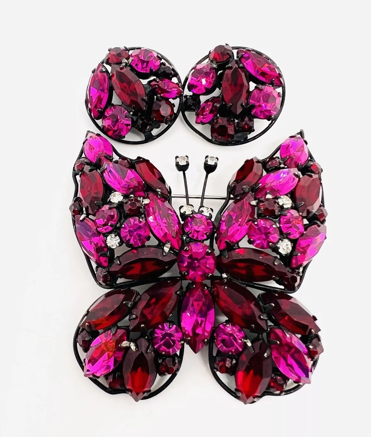 LaRoco Fuchsia & Red Rhinestone Butterfly Brooch Earrings Signed Vintage Jewelry