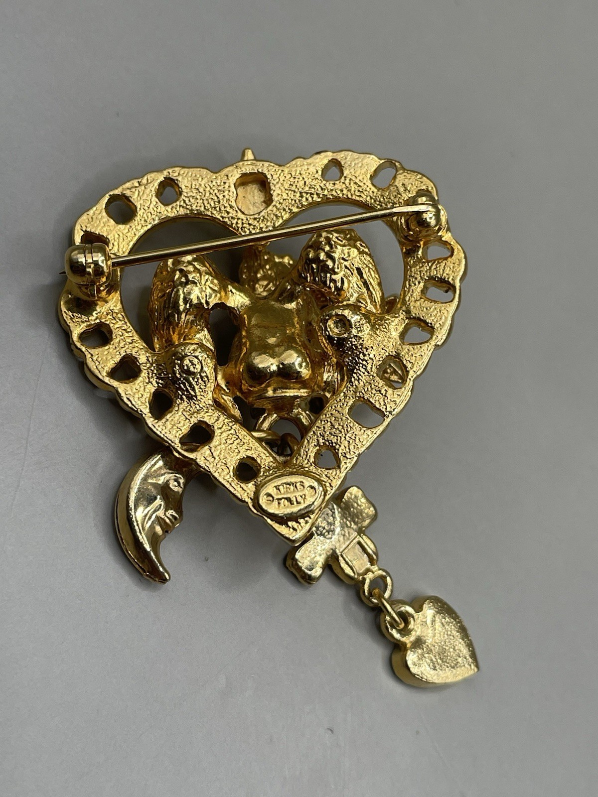 VTG Kirks Folly GoldTone Angel Cherub Heart Star Moon Charms Crystals Pin Brooch