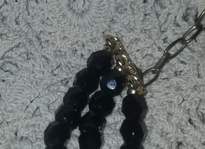 Cameo Necklace, Antique Jet Black Glass,3 Strand Choker, 16 1/2 inch, Gold Tone