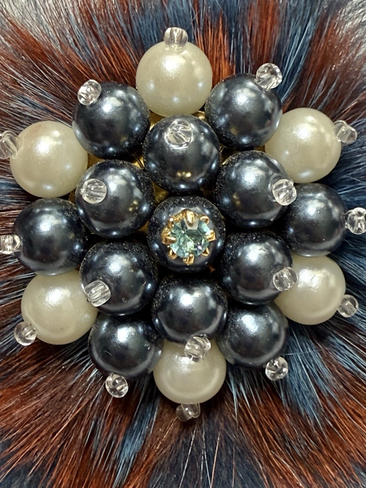 Faux FUR Red & Blue W/Glass Pearls & Rhinestone 3” Brooch/Hair Clip