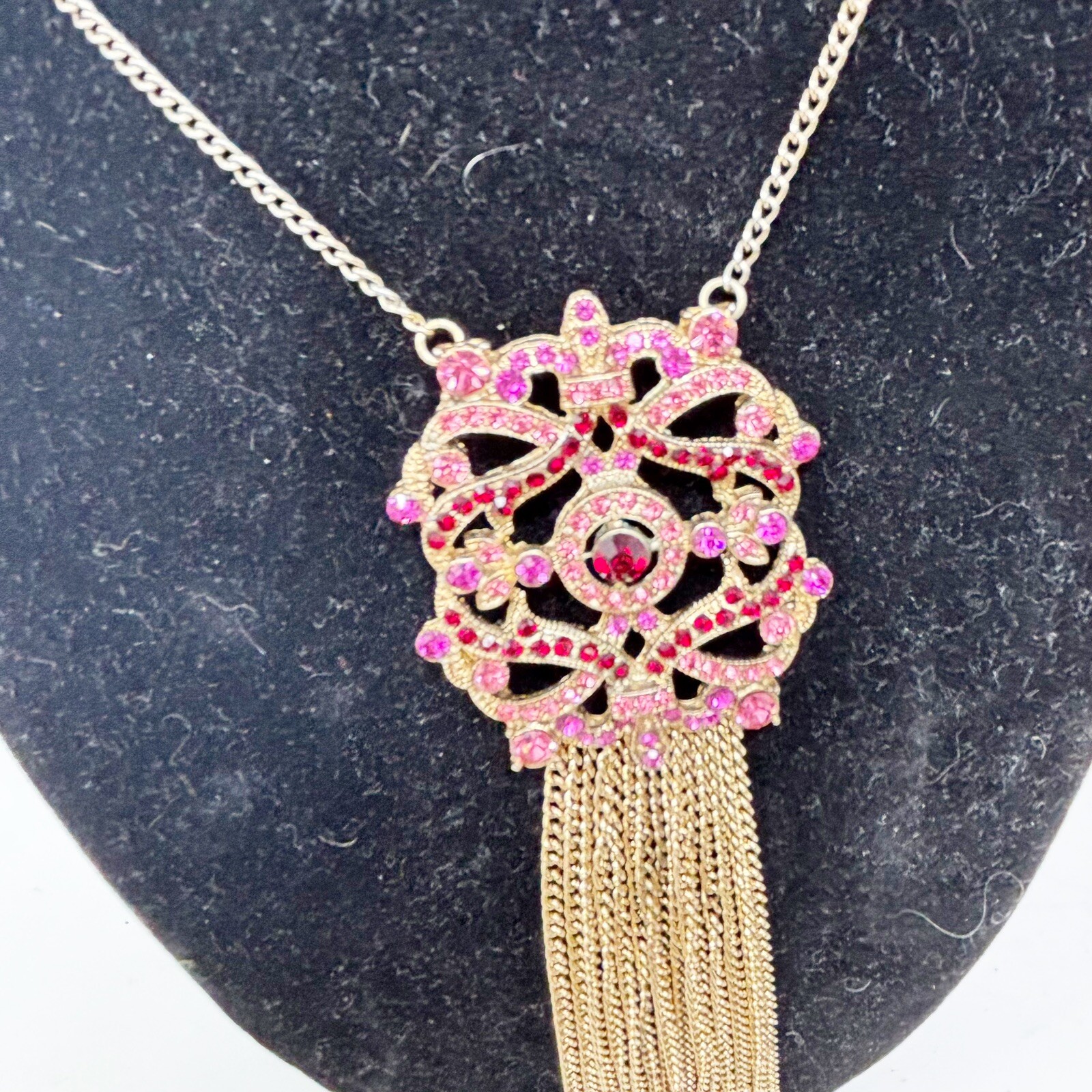 Round Entwined Pink Red Stone Filigree Necklace With Fringe Detail Up To 24”