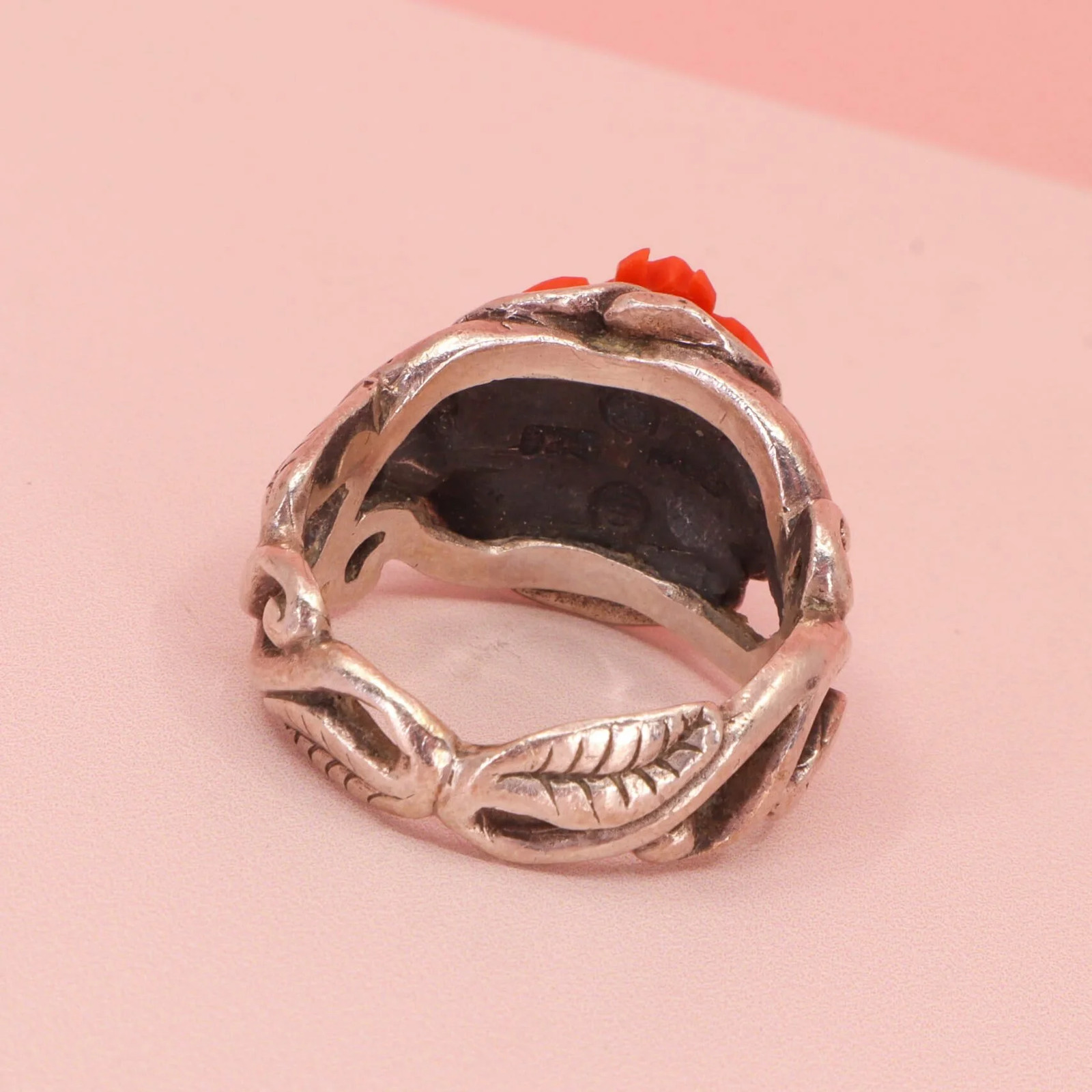 By Danilova, Japanese Satsuma Momo 1.5cm Carved Coral Cameo, Silver Ring, Size Q