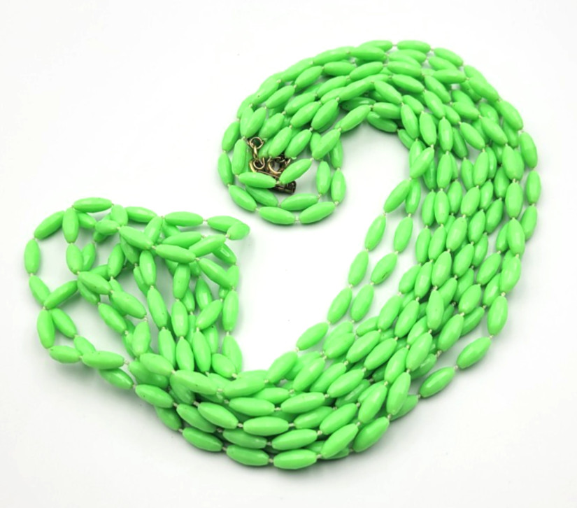 Vintage Lime Green 3 Strand Plastic Bead Necklace Hong Kong Long 50″