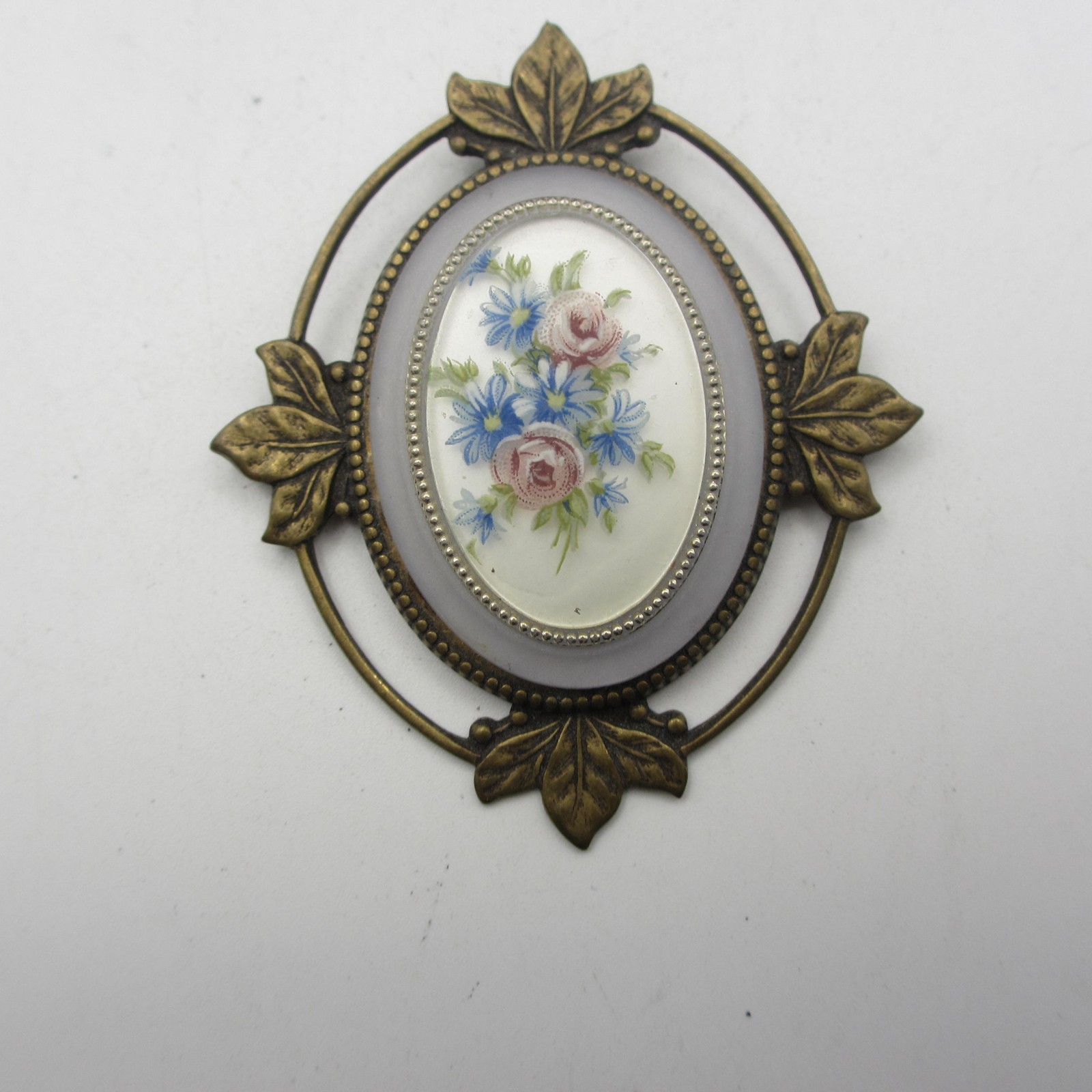 Vintage Victorian Revival Brooch Floral Bouquet Pastel Leaf Frame Gold Tone