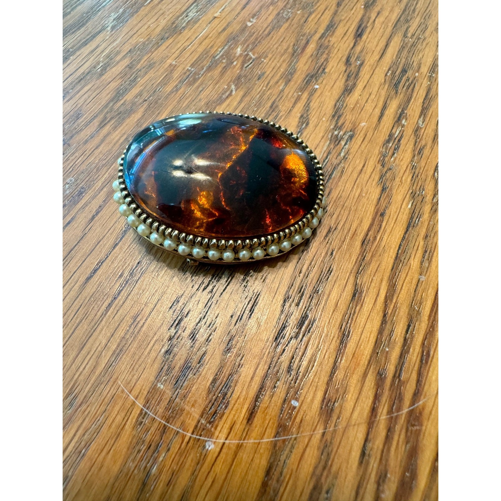 VTG Brooch Pin Gold Tone Honey Amber Murano Style Pearls Costume Jewelry Damage