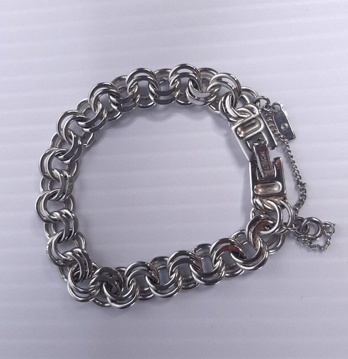 Vintage 7.5″ Double Link Charm Bracelet Silver Tone Safety Chain Security Clasp