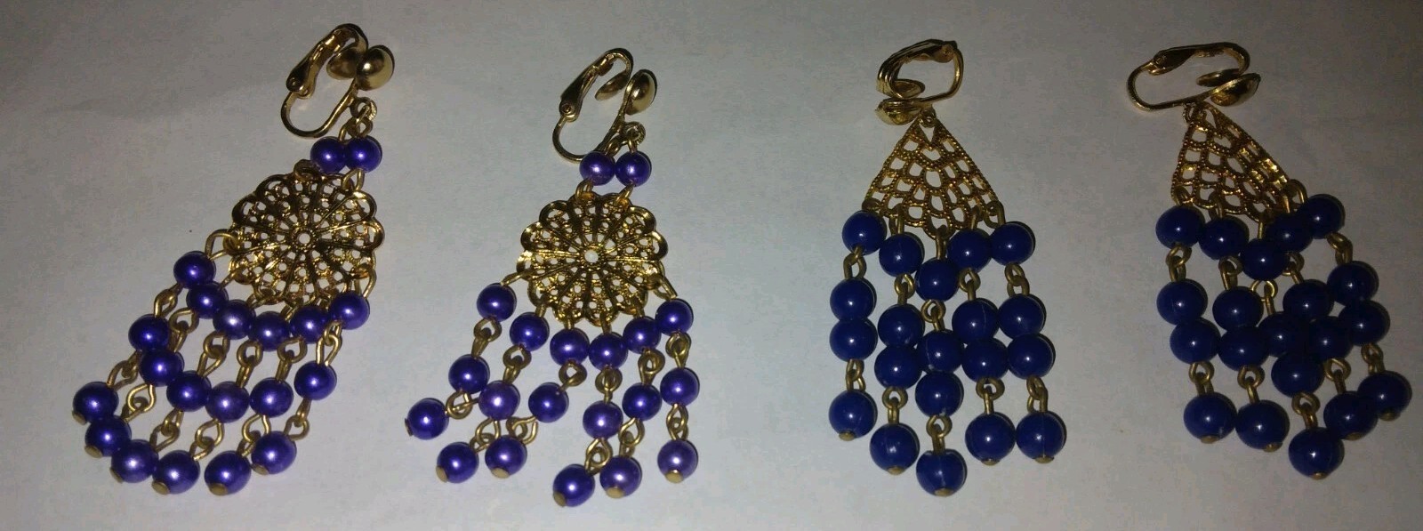 Vtg 2 Set Purple and Blue Gold Tone Chandelier Earrings