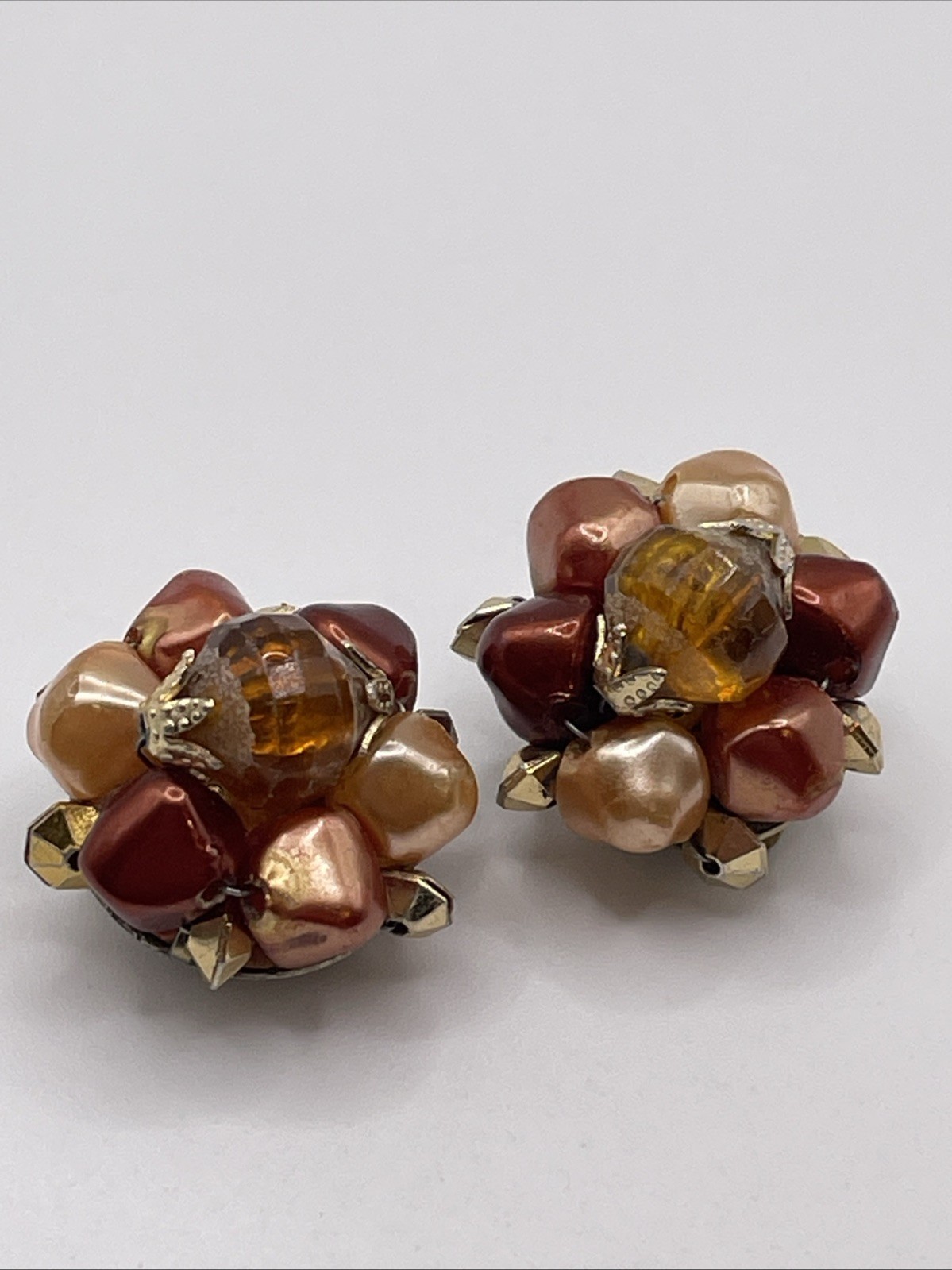 Earrings Vintage MCM Cluster Fall Colors Hong Kong Gold Tone Clip On Jewelry