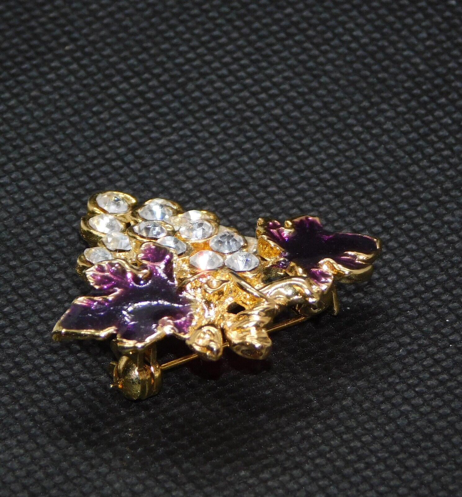 Grapes Vintage Pin Brooch Gold Tone White Rhinestone Purple Enamel Jewelry