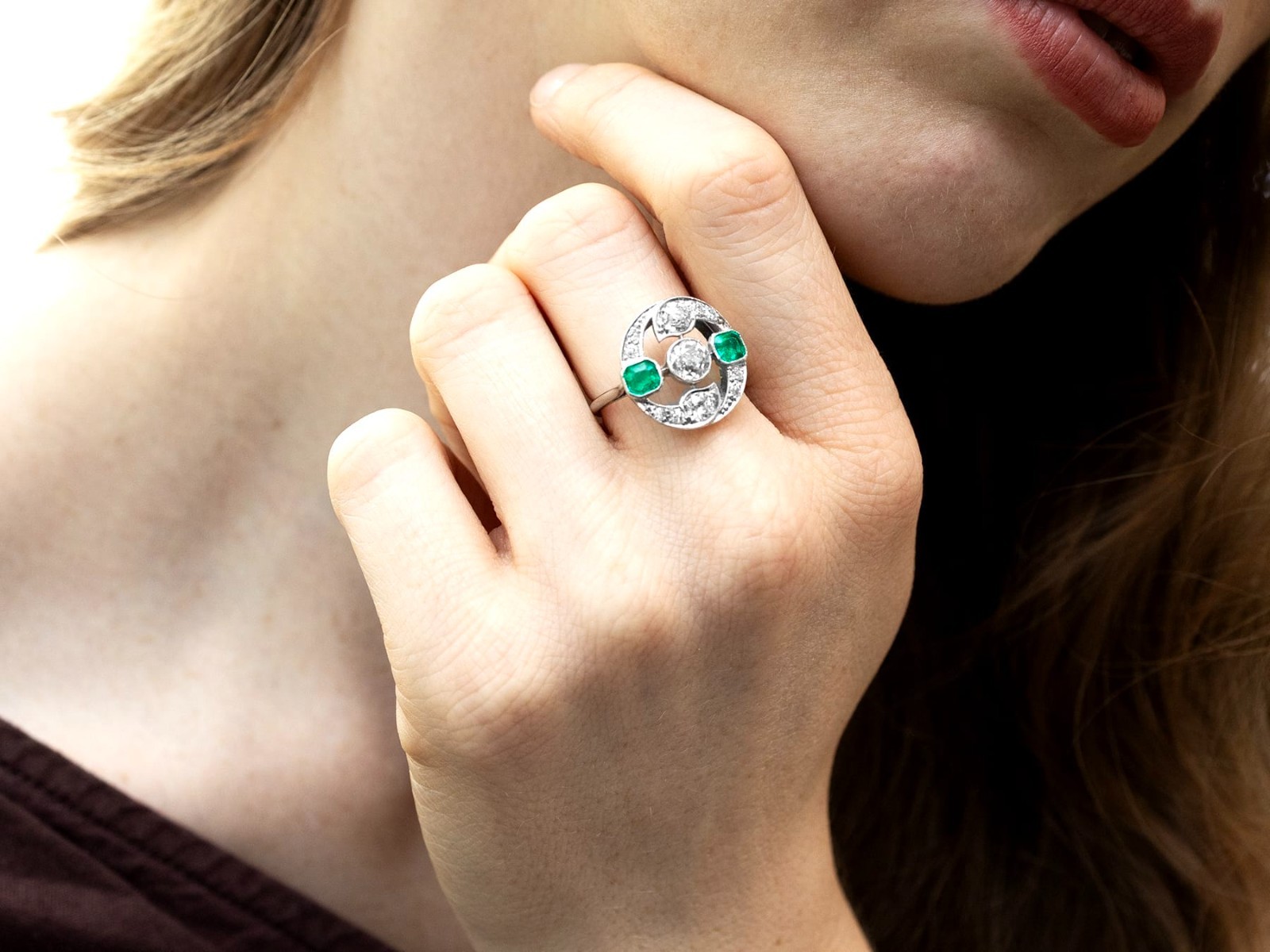 Antique 0.61Ct Emerald and 1.45Ct Diamond 18k White Gold Ring Circa 1920