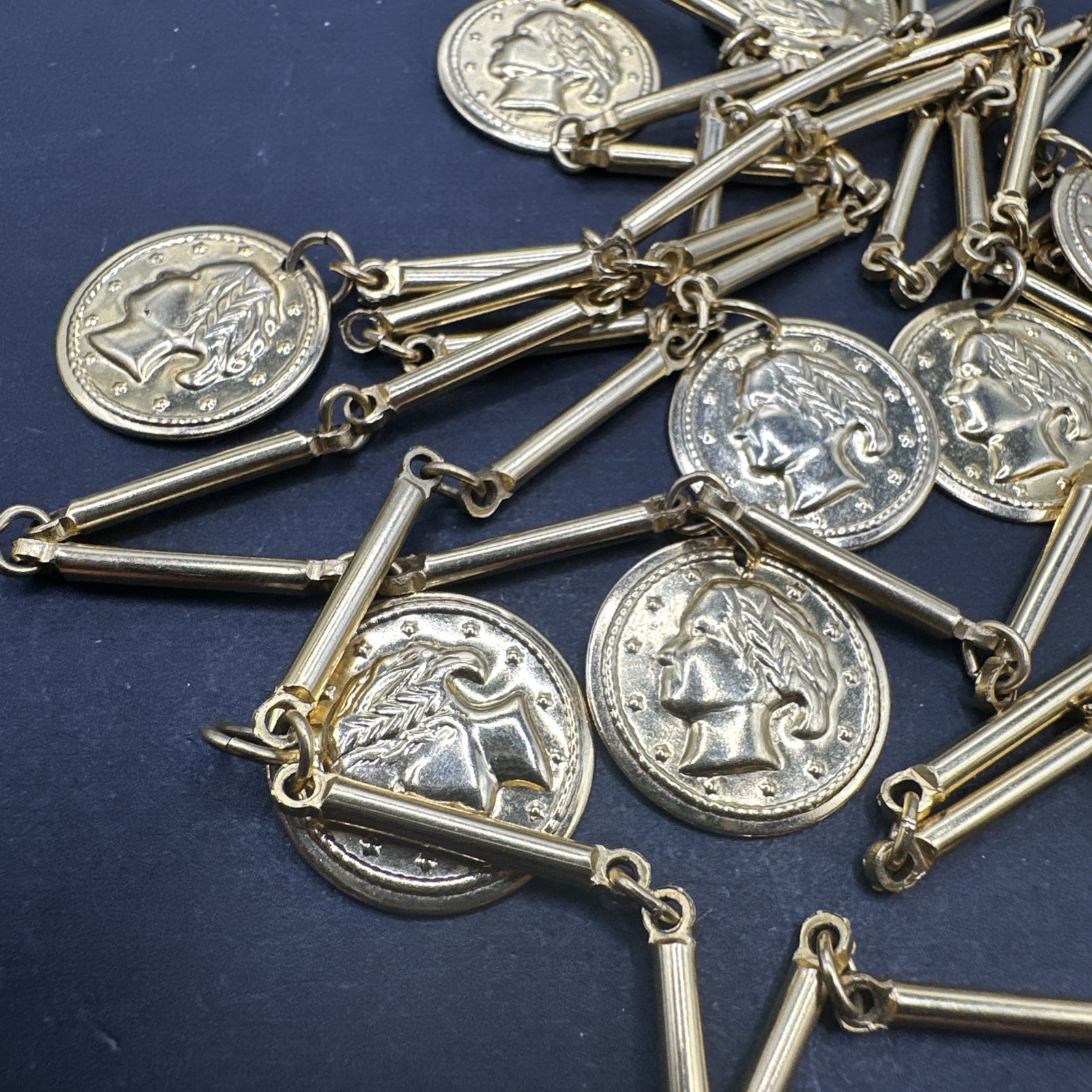 Vintage Necklace Chain Station Coin Charm Dangle Bar Link Goldtone 54”