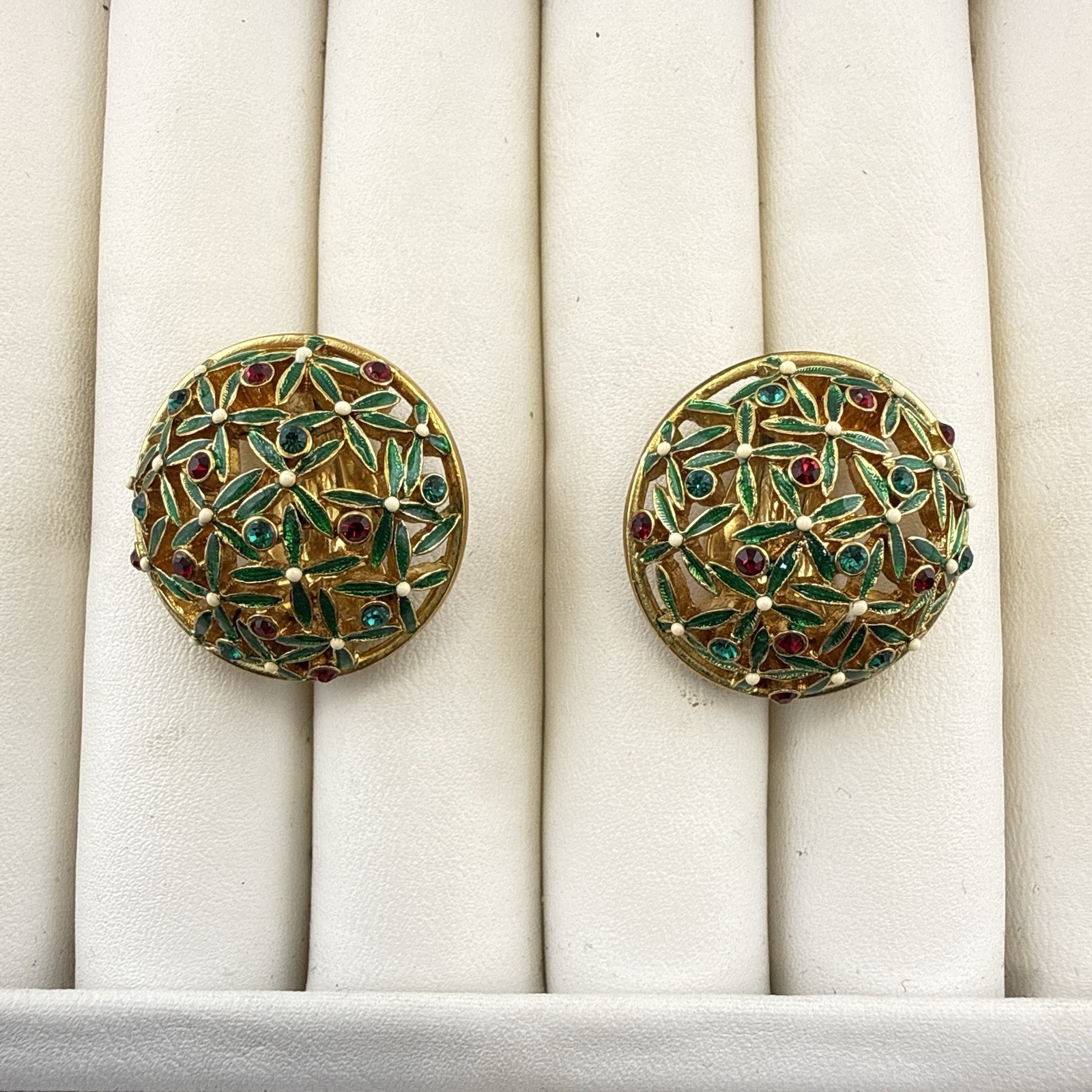 Joan Rivers Earrings Rhinestone Green Red Blue CLIP ON Enamel Jewel Gold Round