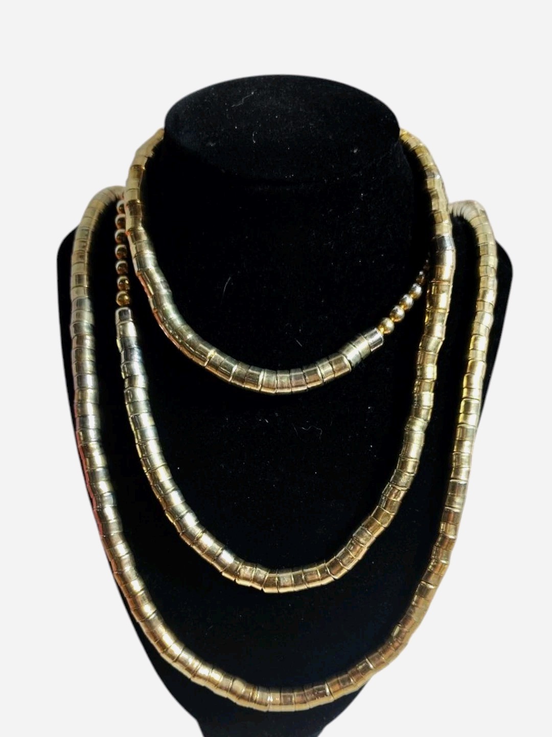 Vintage Retro Long Gold Tone Metal Beaded Statement Costume Flapper Necklace